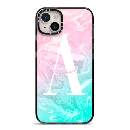 Monogrammed Pink Turquoise Pastel Marble iPhone 14 Plus Black Impact Case on Silver phone