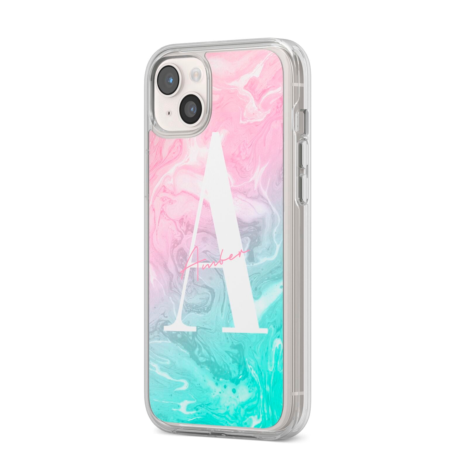 Monogrammed Pink Turquoise Pastel Marble iPhone 14 Plus Clear Tough Case Starlight Angled Image