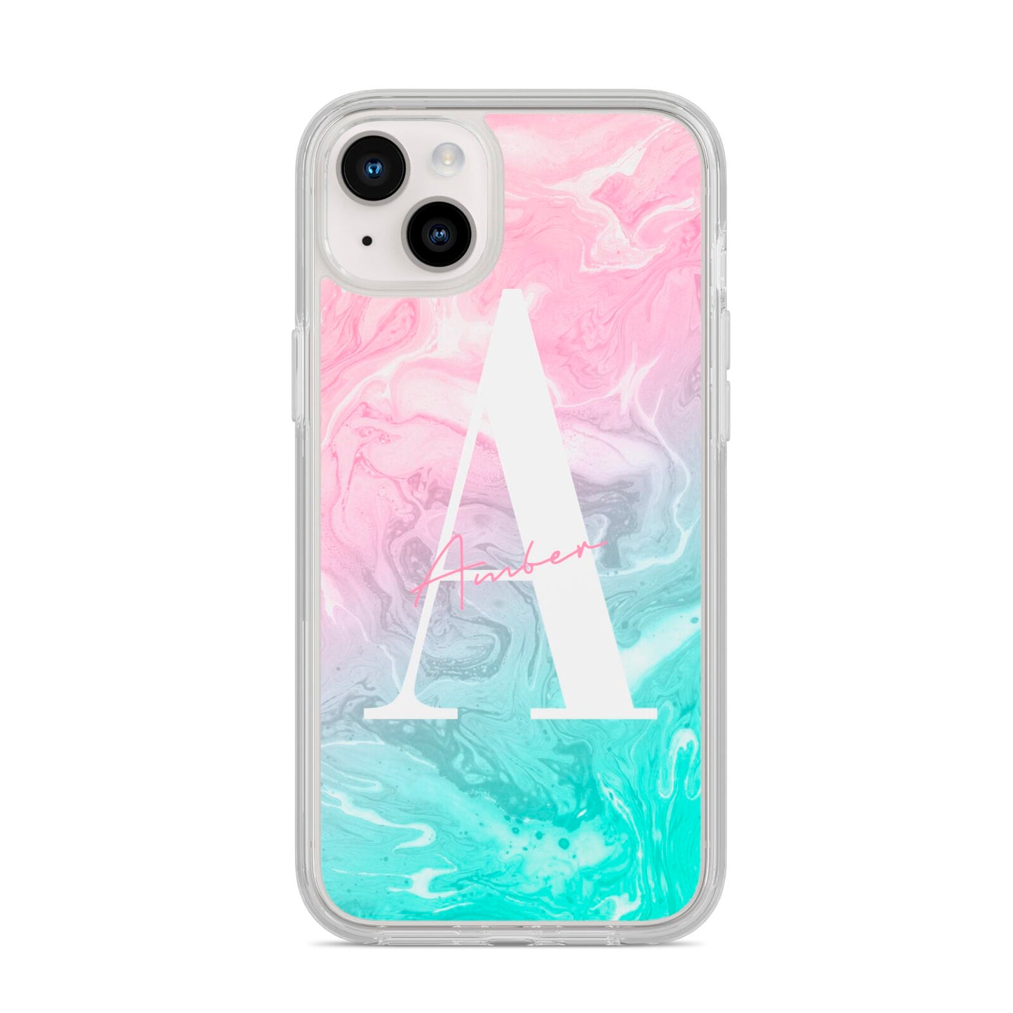 Monogrammed Pink Turquoise Pastel Marble iPhone 14 Plus Clear Tough Case Starlight