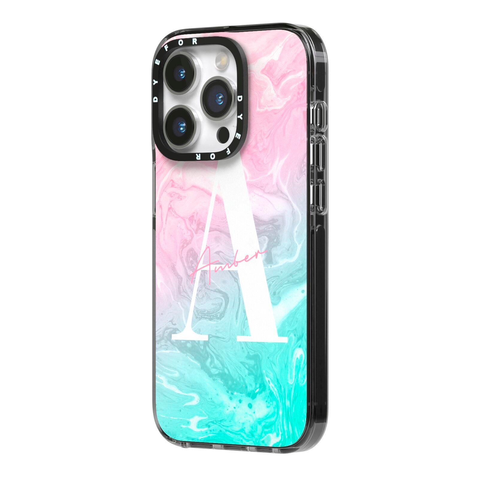 Monogrammed Pink Turquoise Pastel Marble iPhone 14 Pro Black Impact Case Side Angle on Silver phone