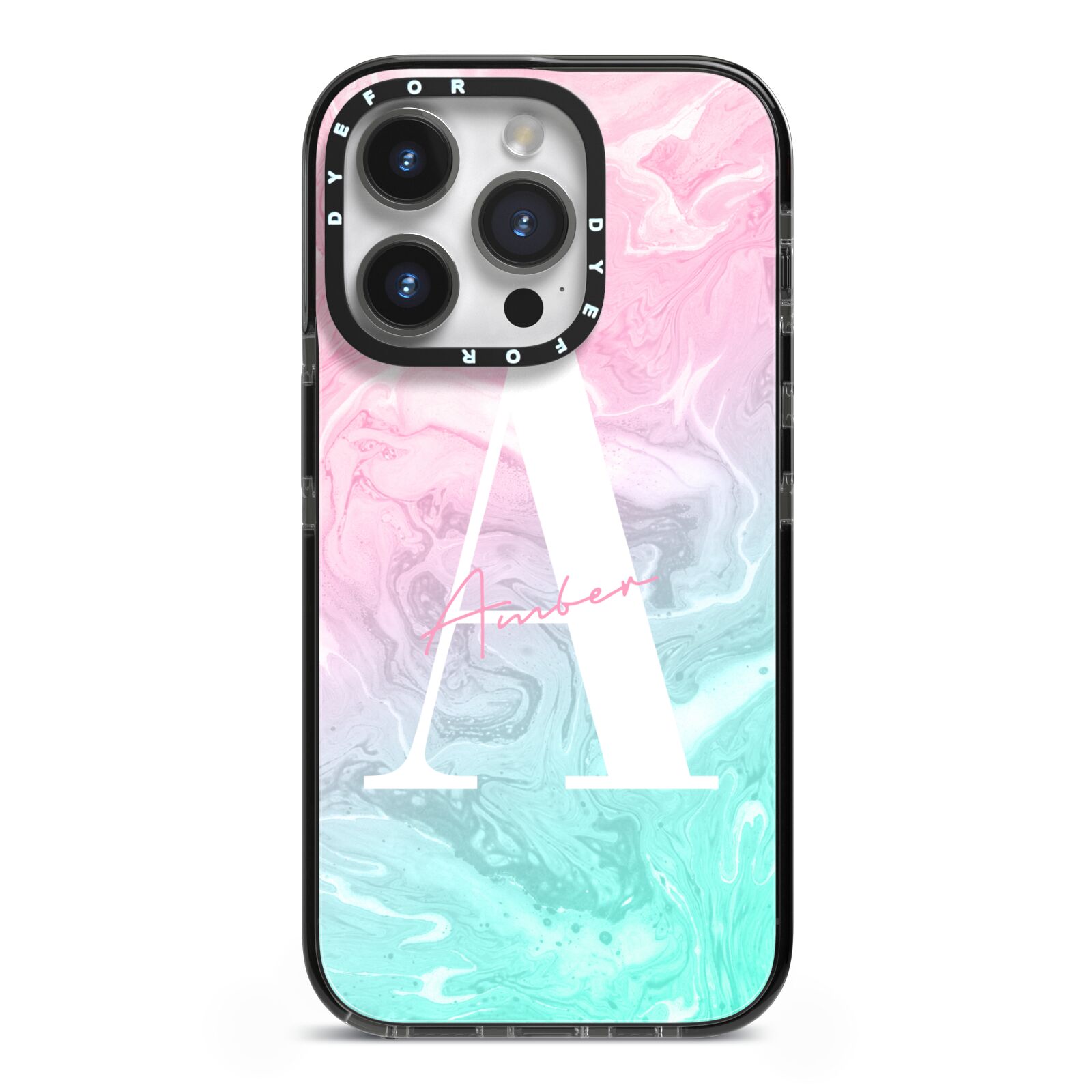 Monogrammed Pink Turquoise Pastel Marble iPhone 14 Pro Black Impact Case on Silver phone