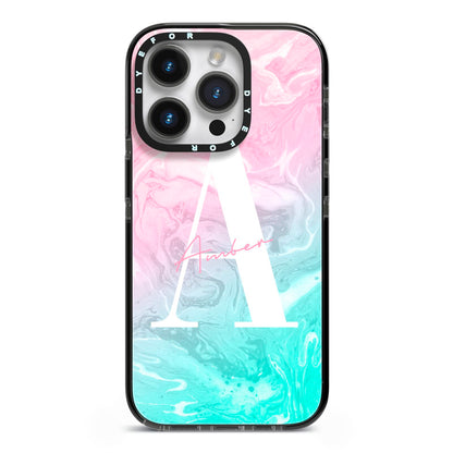 Monogrammed Pink Turquoise Pastel Marble iPhone 14 Pro Black Impact Case on Silver phone