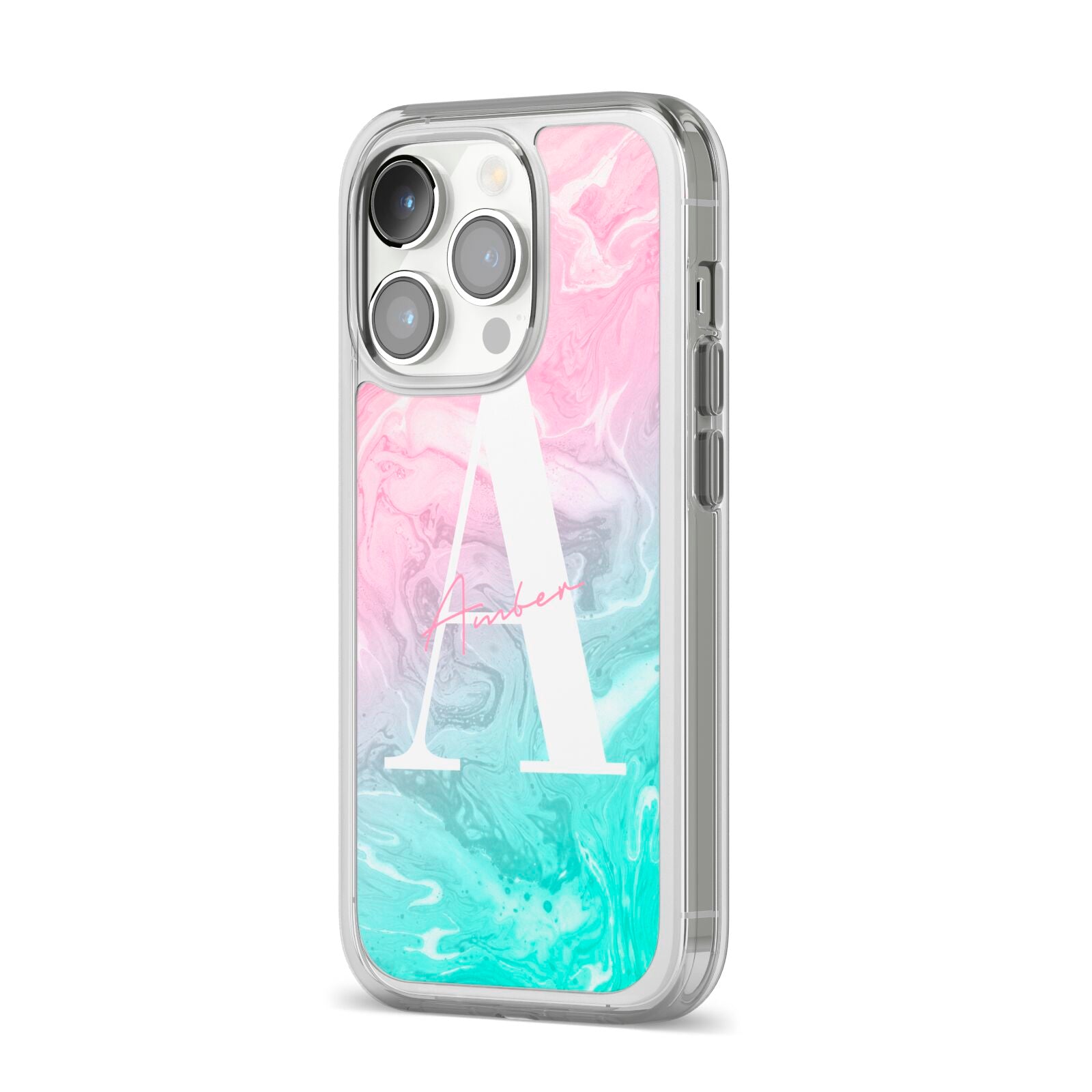 Monogrammed Pink Turquoise Pastel Marble iPhone 14 Pro Clear Tough Case Silver Angled Image