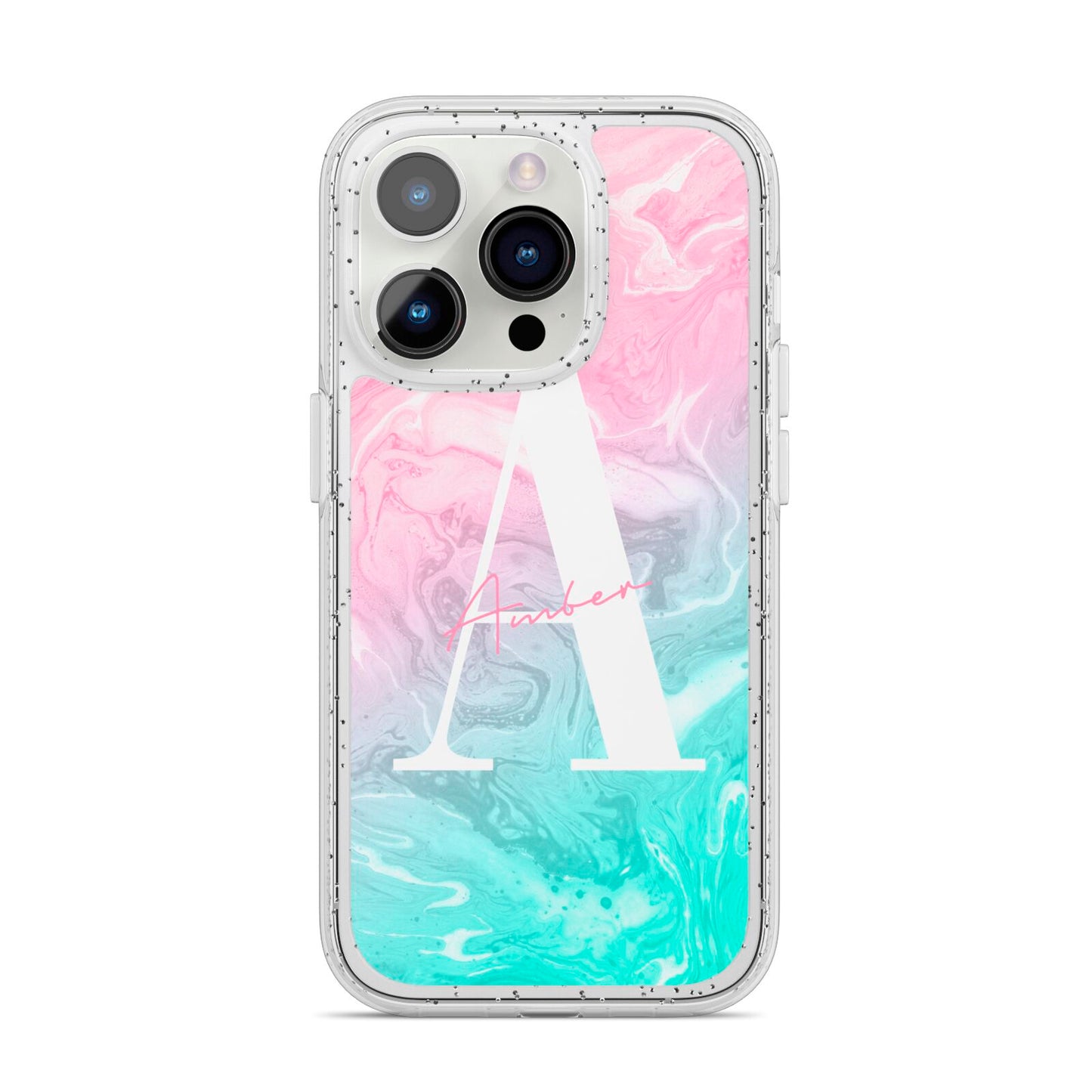 Monogrammed Pink Turquoise Pastel Marble iPhone 14 Pro Glitter Tough Case Silver