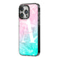 Monogrammed Pink Turquoise Pastel Marble iPhone 14 Pro Max Black Impact Case Side Angle on Silver phone