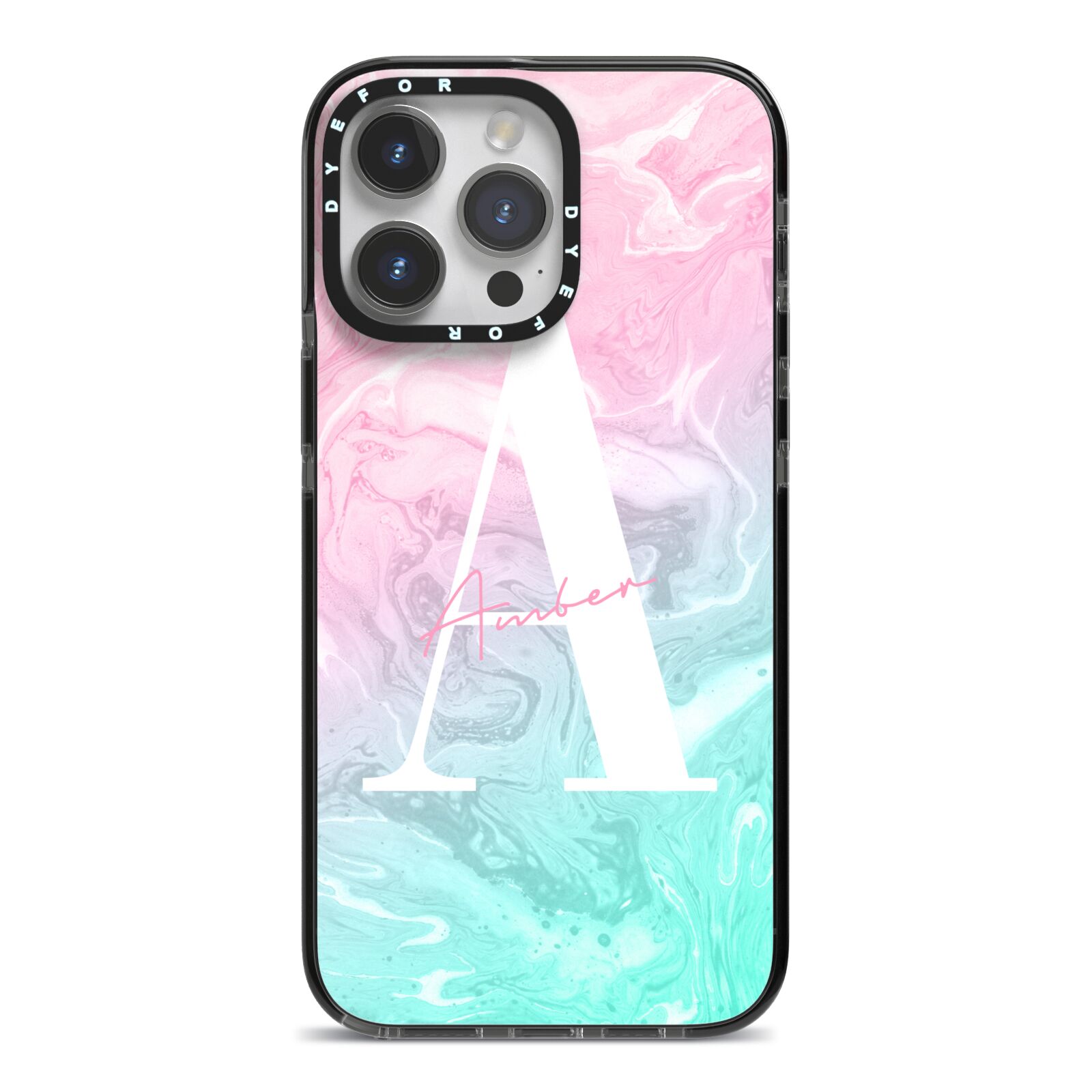Monogrammed Pink Turquoise Pastel Marble iPhone 14 Pro Max Black Impact Case on Silver phone
