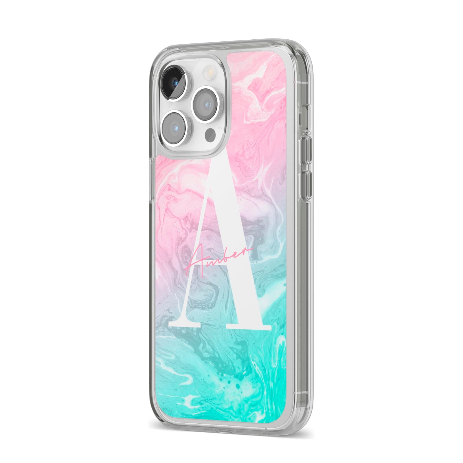 Monogrammed Pink Turquoise Pastel Marble iPhone 14 Pro Max Clear Tough Case Silver Angled Image