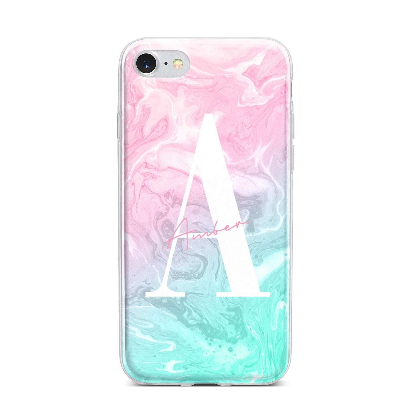 Monogrammed Pink Turquoise Pastel Marble iPhone 7 Bumper Case on Silver iPhone