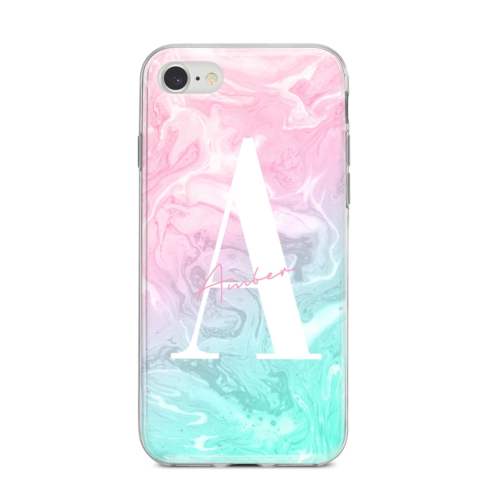 Monogrammed Pink Turquoise Pastel Marble iPhone 8 Bumper Case on Silver iPhone