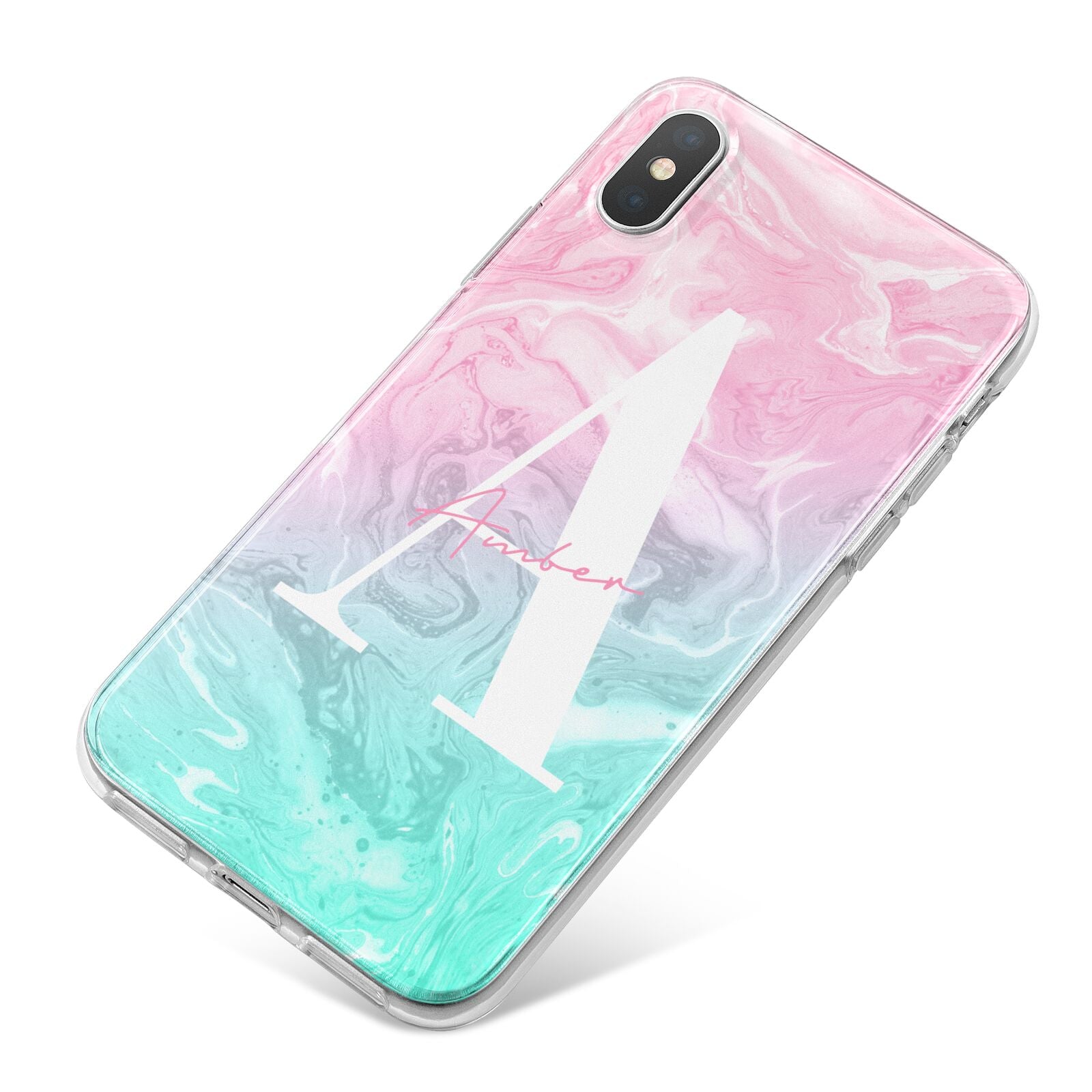 Monogrammed Pink Turquoise Pastel Marble iPhone X Bumper Case on Silver iPhone