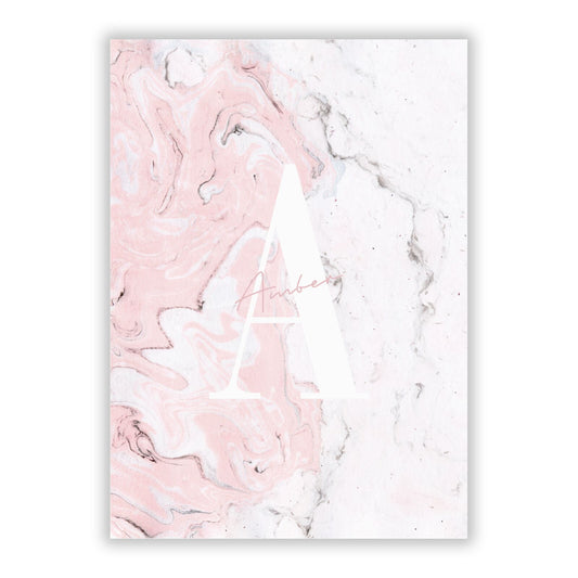 Monogrammed Pink White Ink Marble A5 Flat Greetings Card