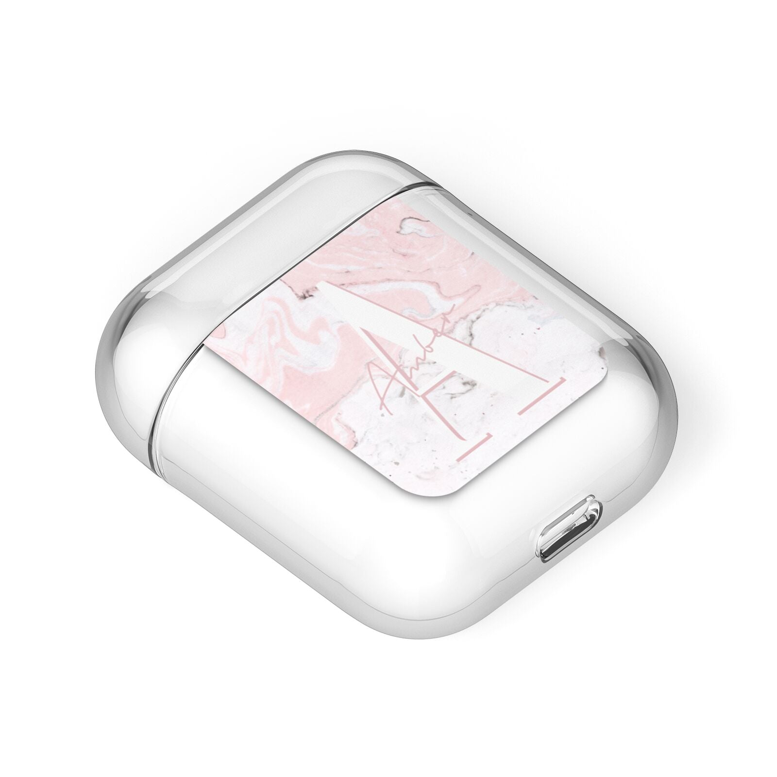 Monogrammed Pink White Ink Marble AirPods Case Laid Flat