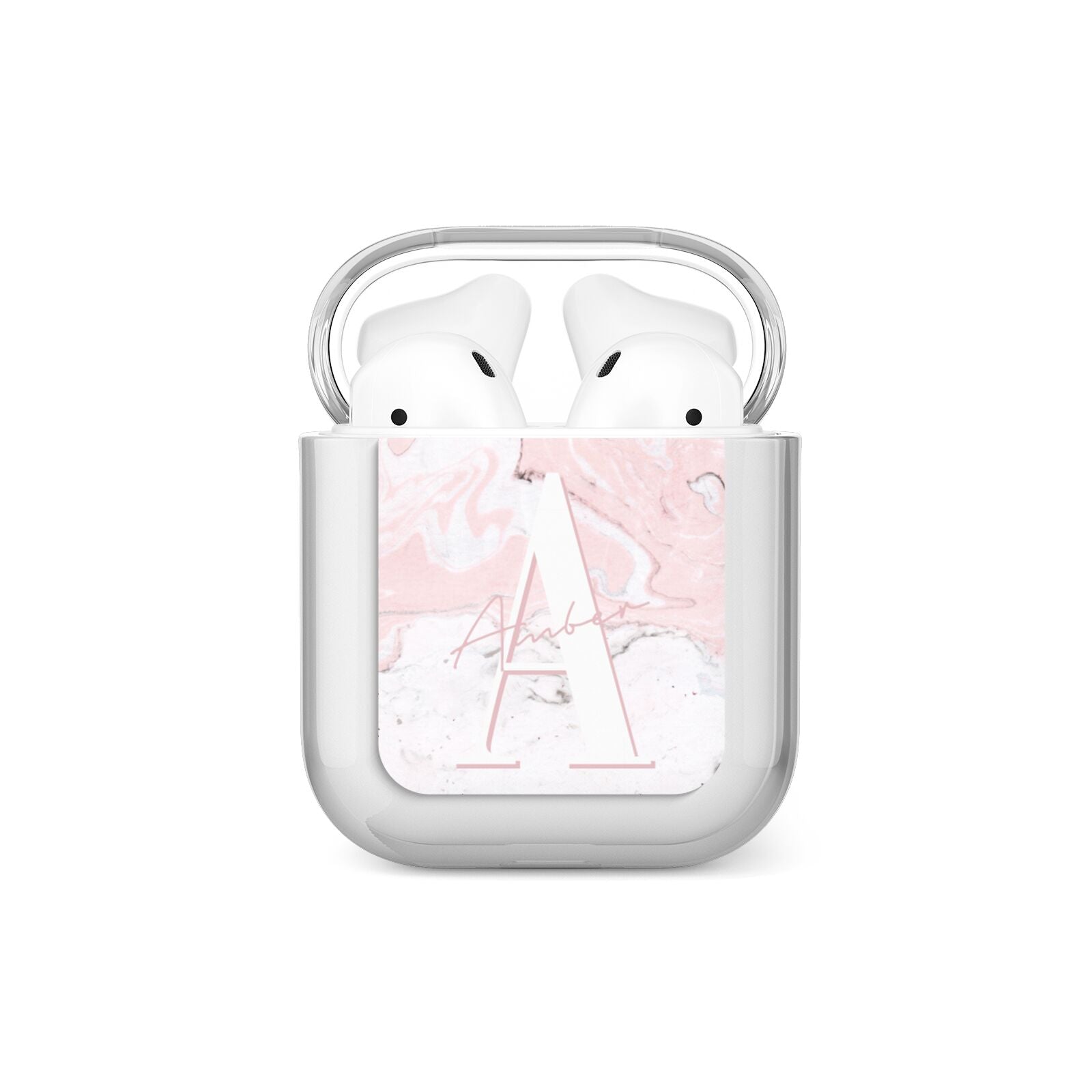 Monogrammed Pink White Ink Marble AirPods Case