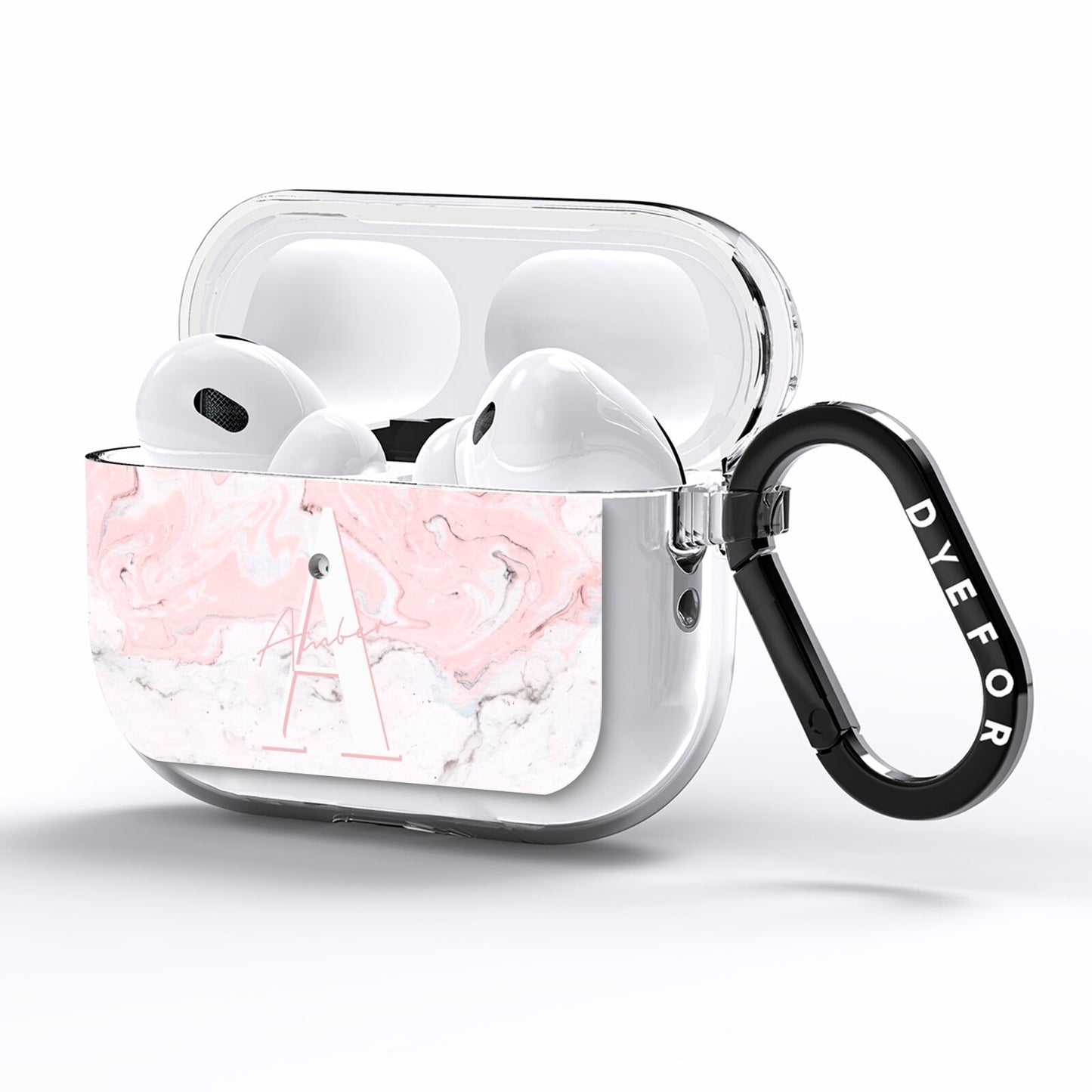 Monogrammed Pink White Ink Marble AirPods Pro Clear Case Side Image