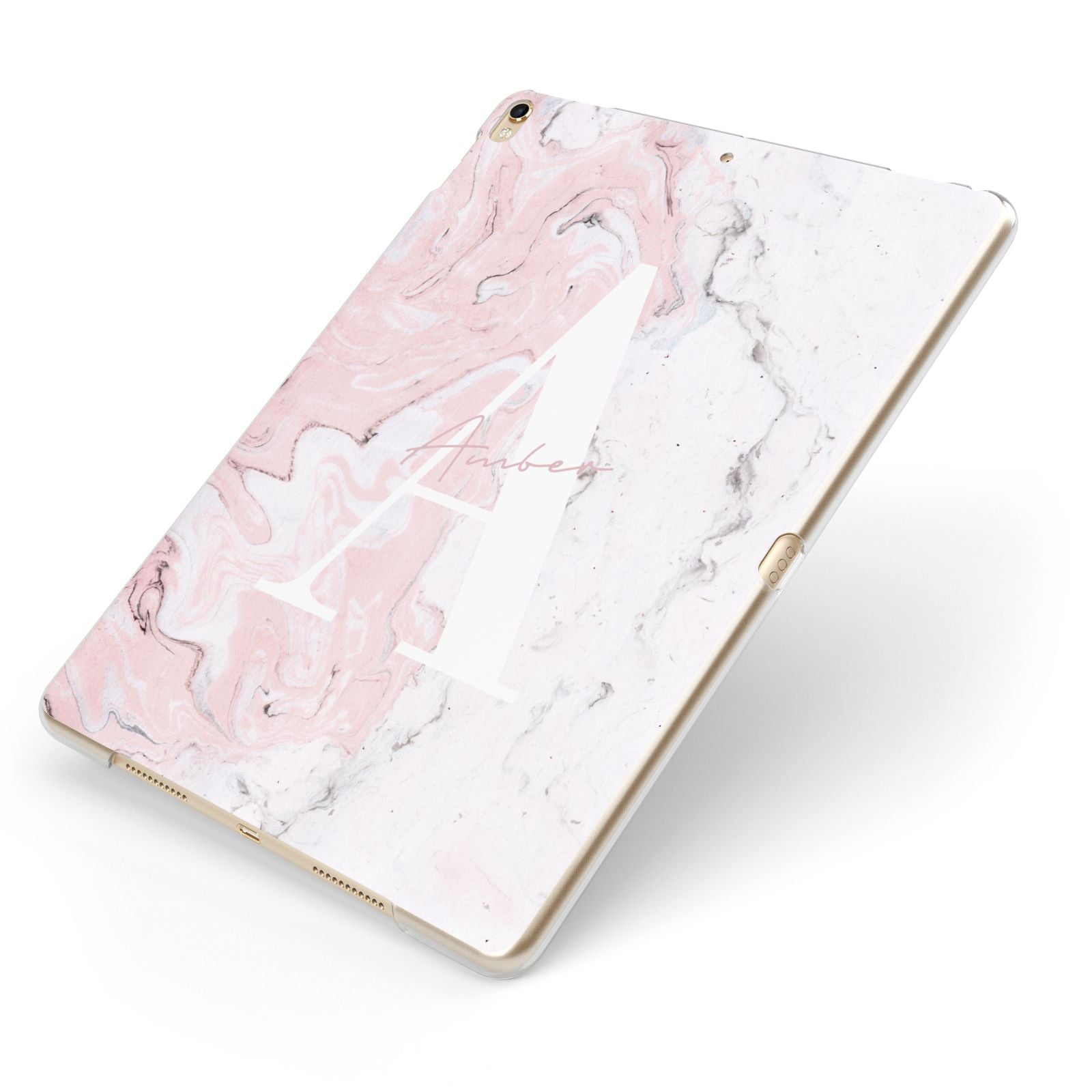 Monogrammed Pink White Ink Marble Apple iPad Case on Gold iPad Side View