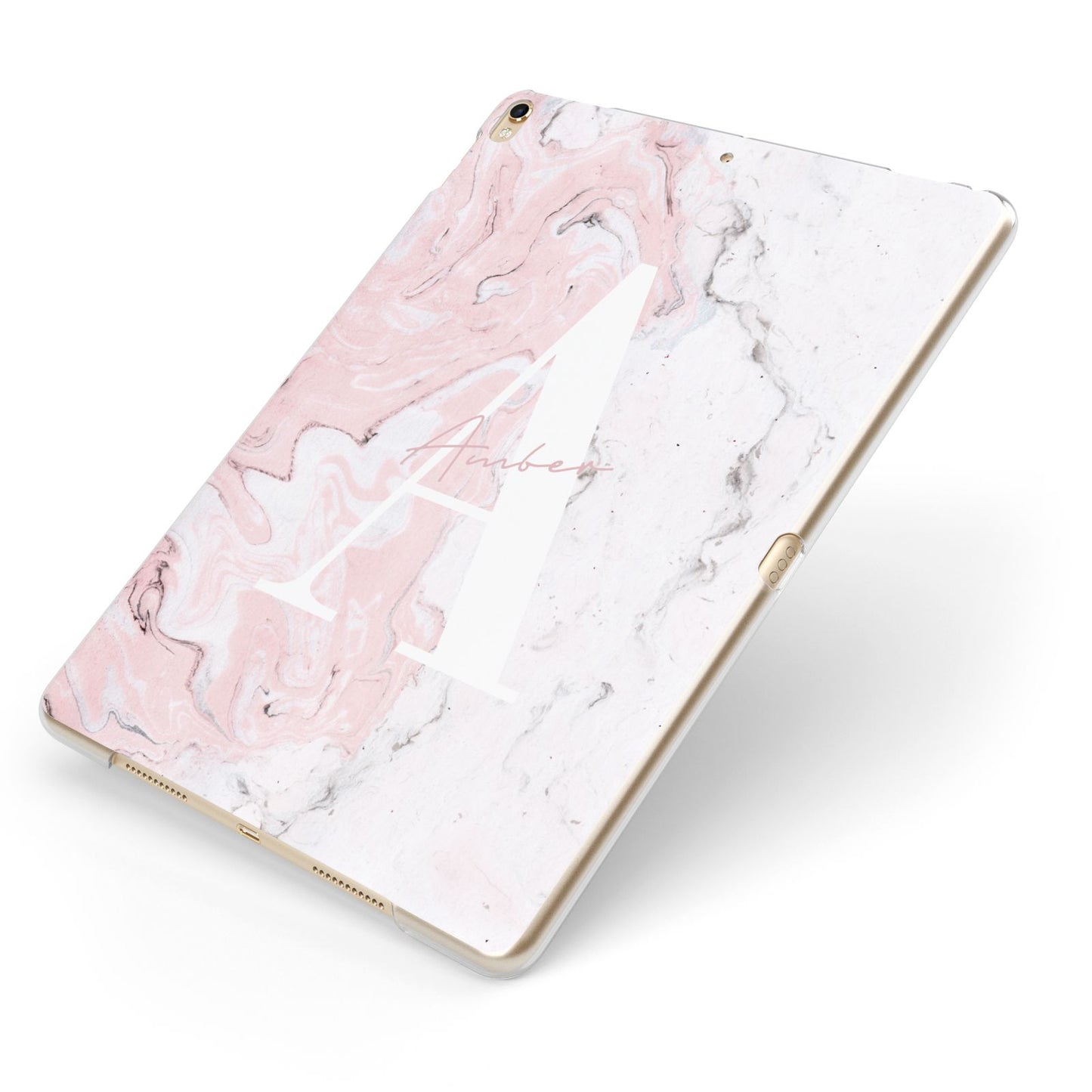 Monogrammed Pink White Ink Marble Apple iPad Case on Gold iPad Side View