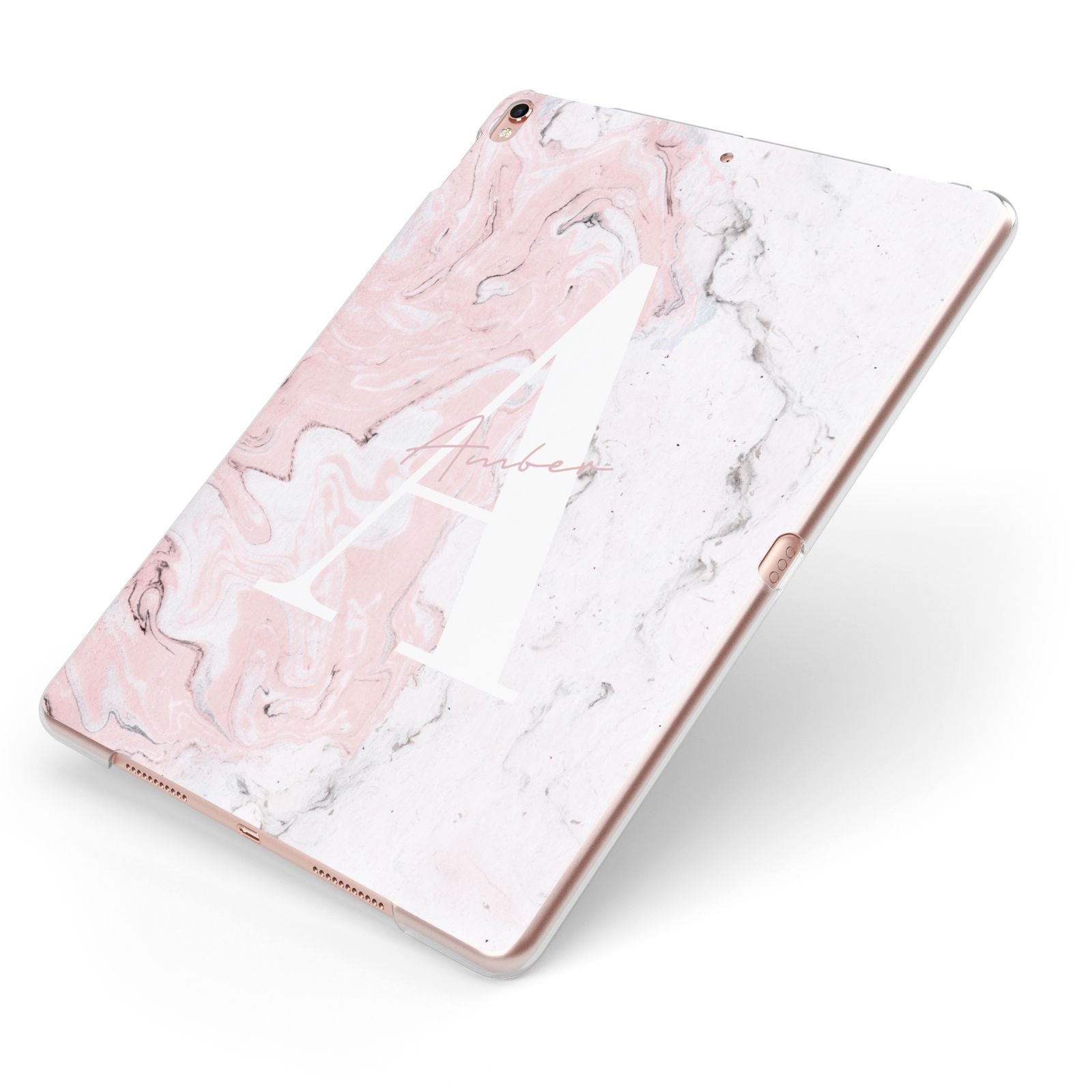 Monogrammed Pink White Ink Marble Apple iPad Case on Rose Gold iPad Side View