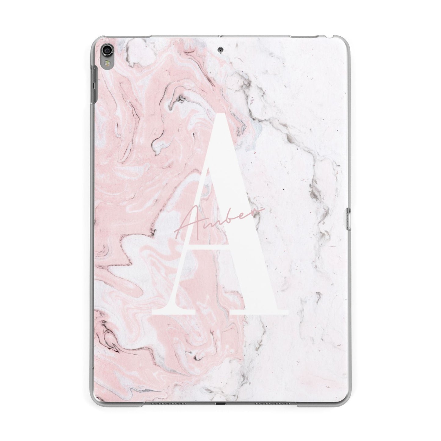 Monogrammed Pink White Ink Marble Apple iPad Grey Case
