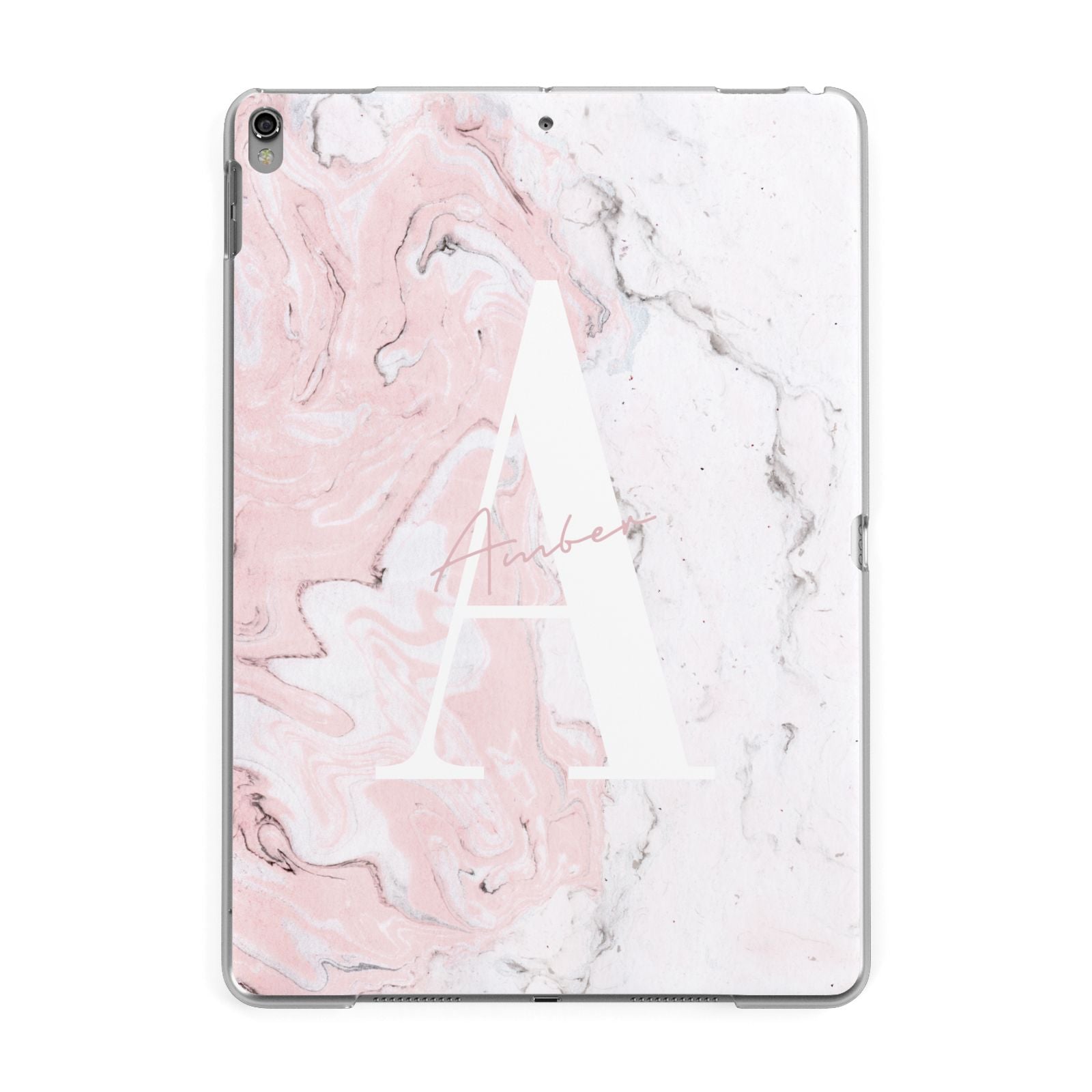 Monogrammed Pink White Ink Marble Apple iPad Grey Case