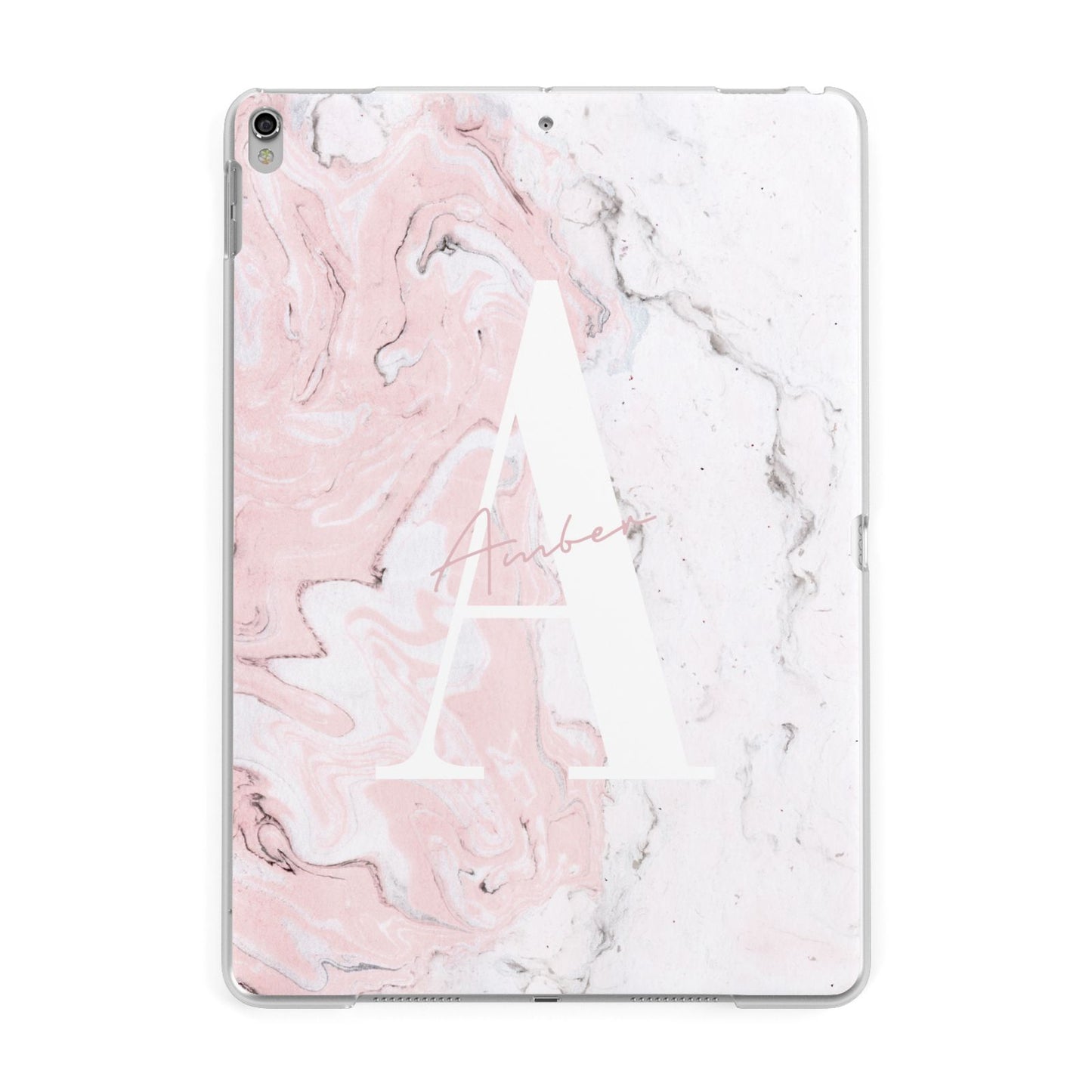 Monogrammed Pink White Ink Marble Apple iPad Silver Case