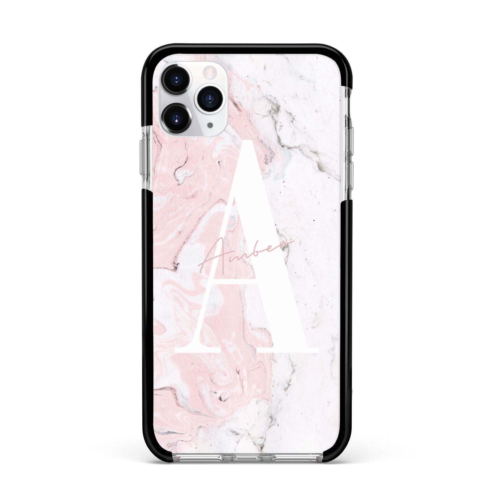 Monogrammed Pink White Ink Marble Apple iPhone 11 Pro Max in Silver with Black Impact Case