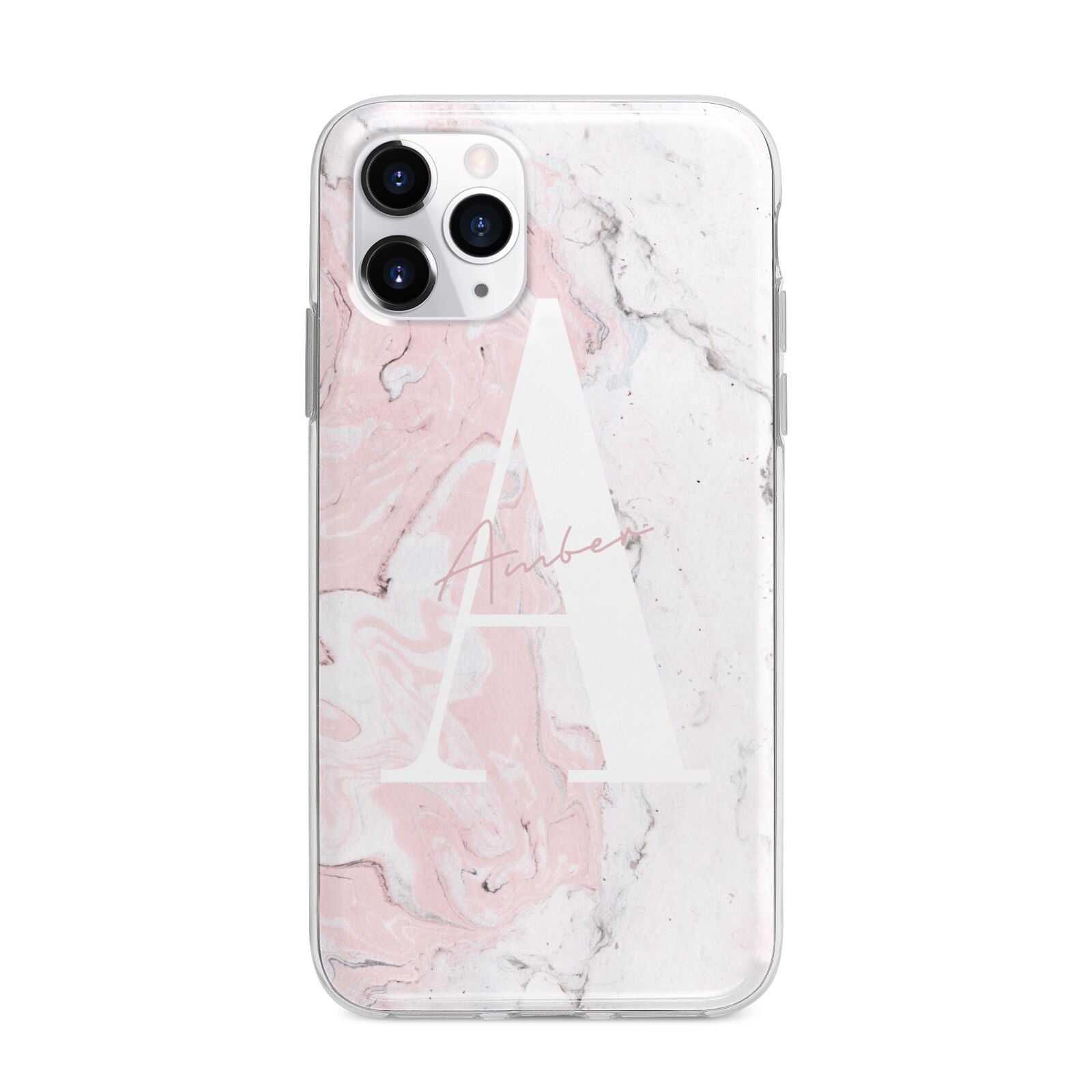 Monogrammed Pink White Ink Marble Apple iPhone 11 Pro Max in Silver with Bumper Case