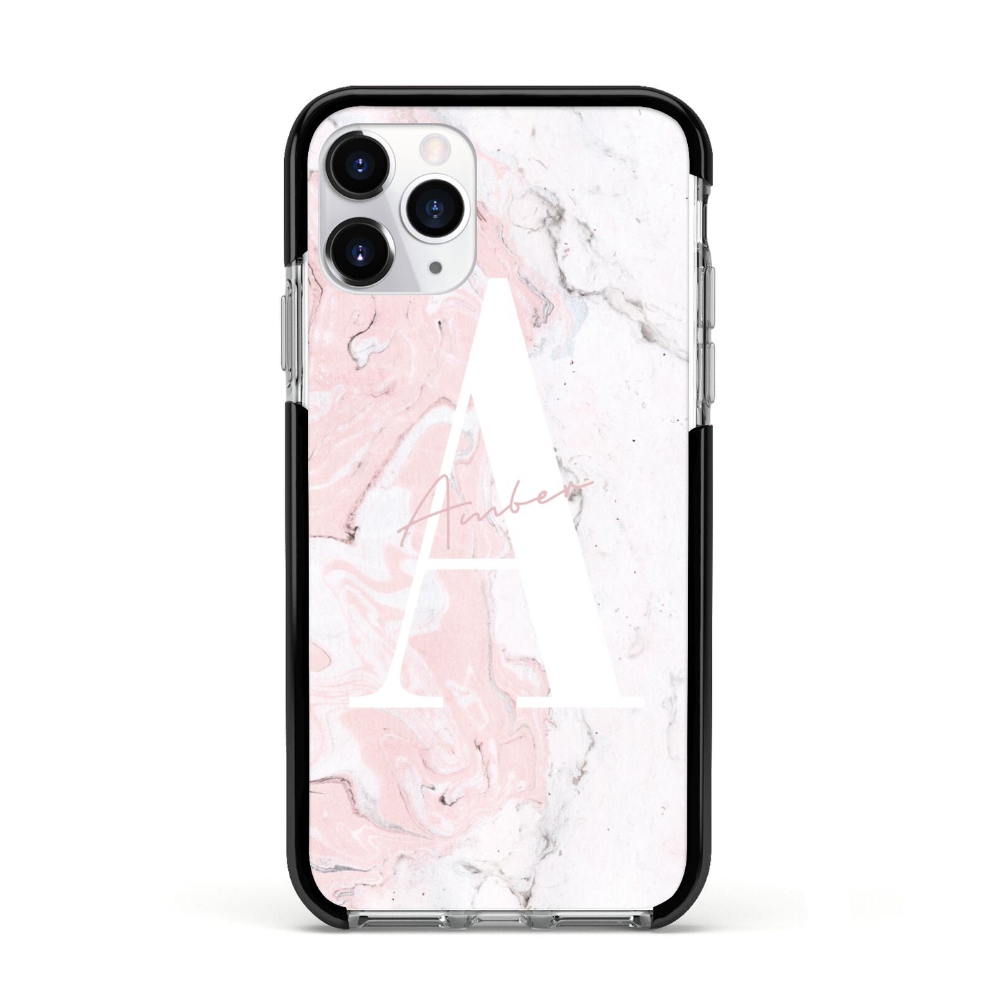 Monogrammed Pink White Ink Marble Apple iPhone 11 Pro in Silver with Black Impact Case
