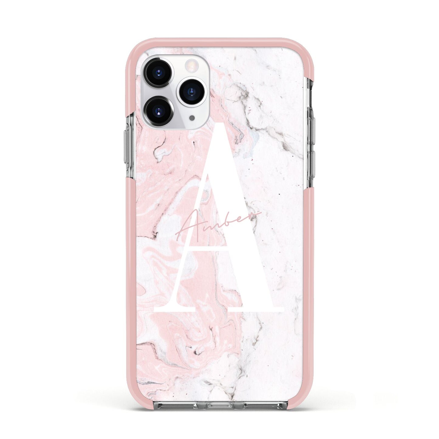 Monogrammed Pink White Ink Marble Apple iPhone 11 Pro in Silver with Pink Impact Case