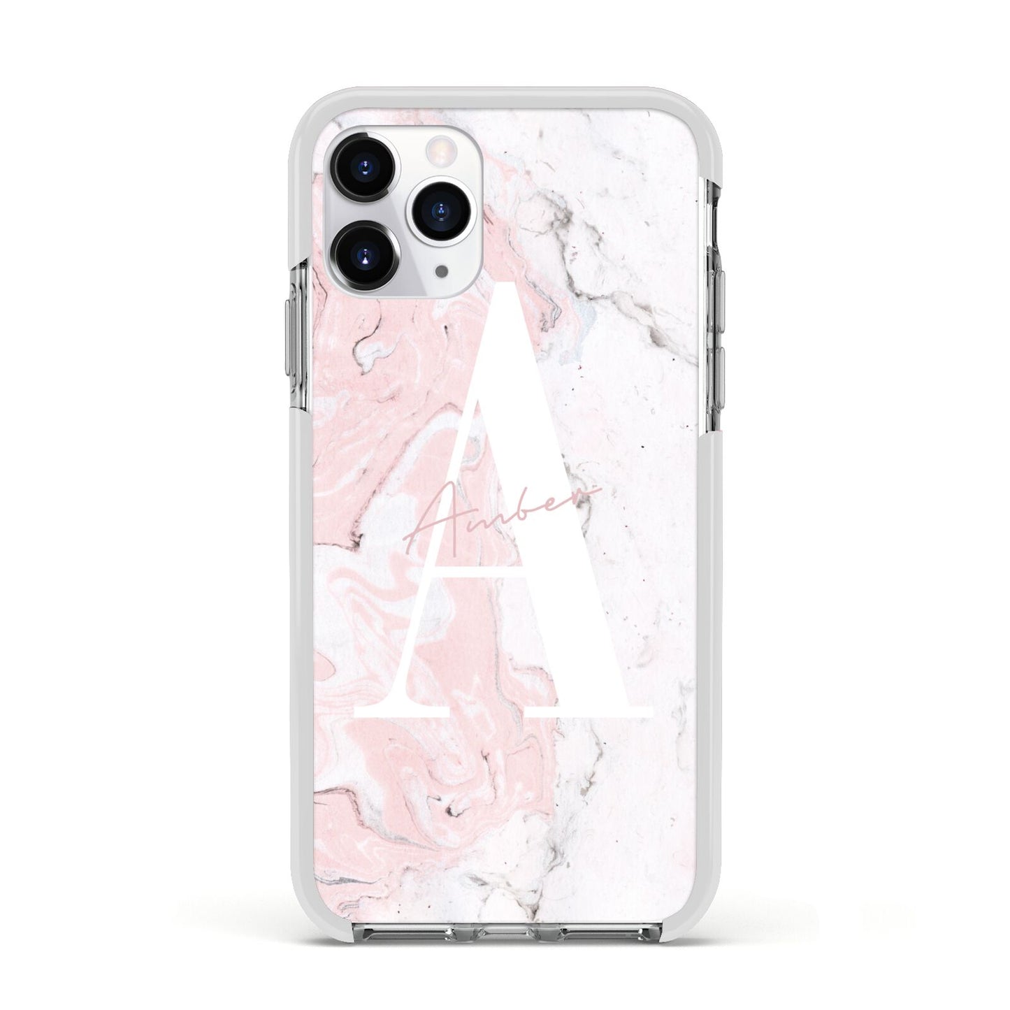 Monogrammed Pink White Ink Marble Apple iPhone 11 Pro in Silver with White Impact Case