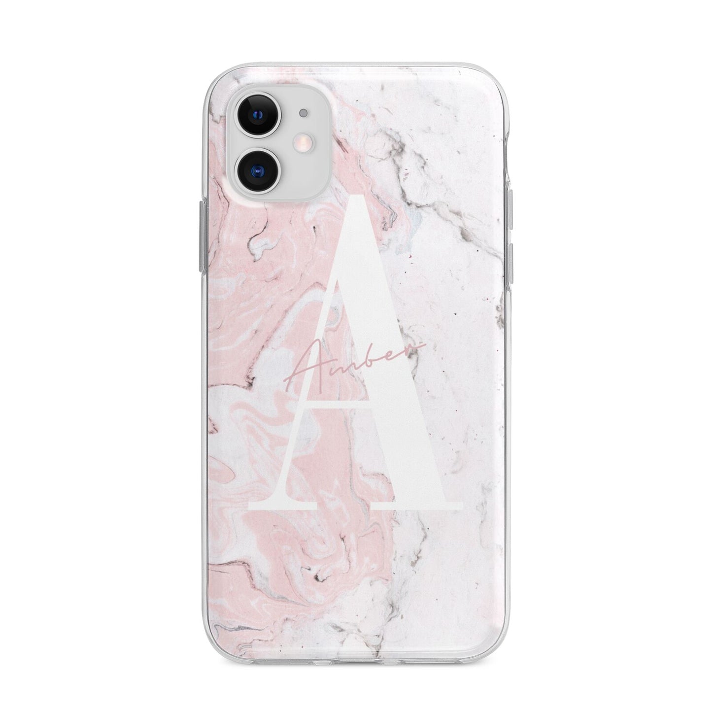 Monogrammed Pink White Ink Marble Apple iPhone 11 in White with Bumper Case