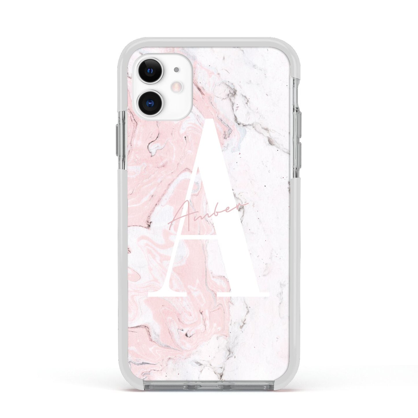 Monogrammed Pink White Ink Marble Apple iPhone 11 in White with White Impact Case
