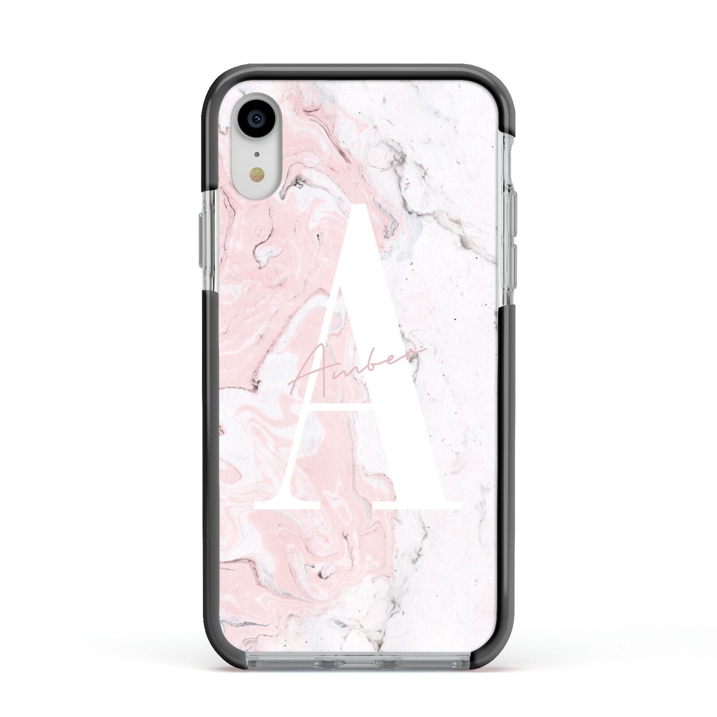 Monogrammed Pink White Ink Marble Apple iPhone XR Impact Case Black Edge on Silver Phone