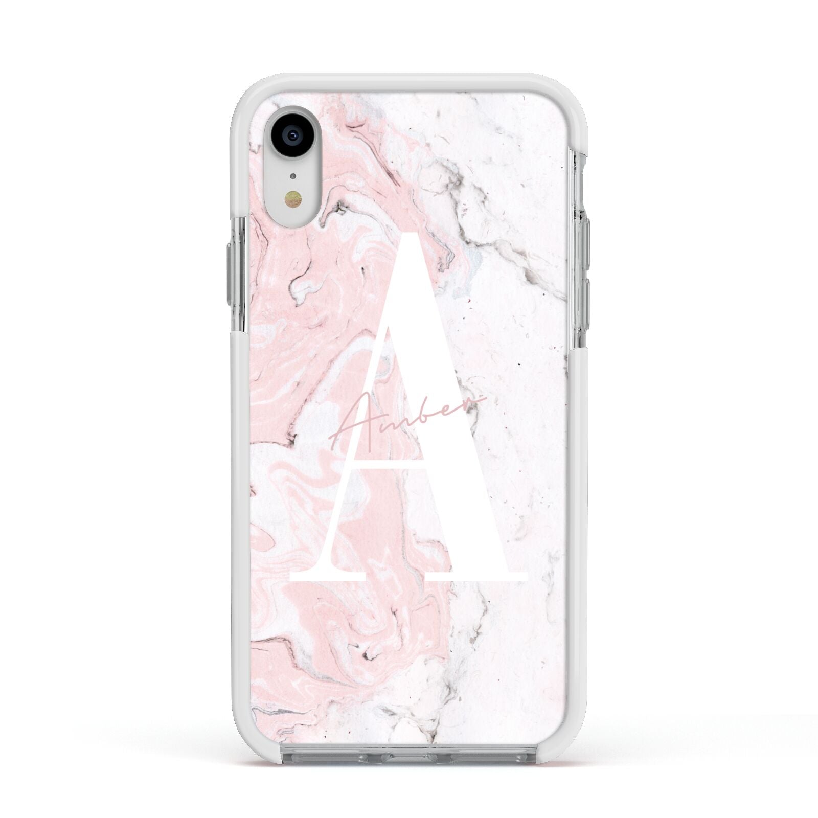 Monogrammed Pink White Ink Marble Apple iPhone XR Impact Case White Edge on Silver Phone
