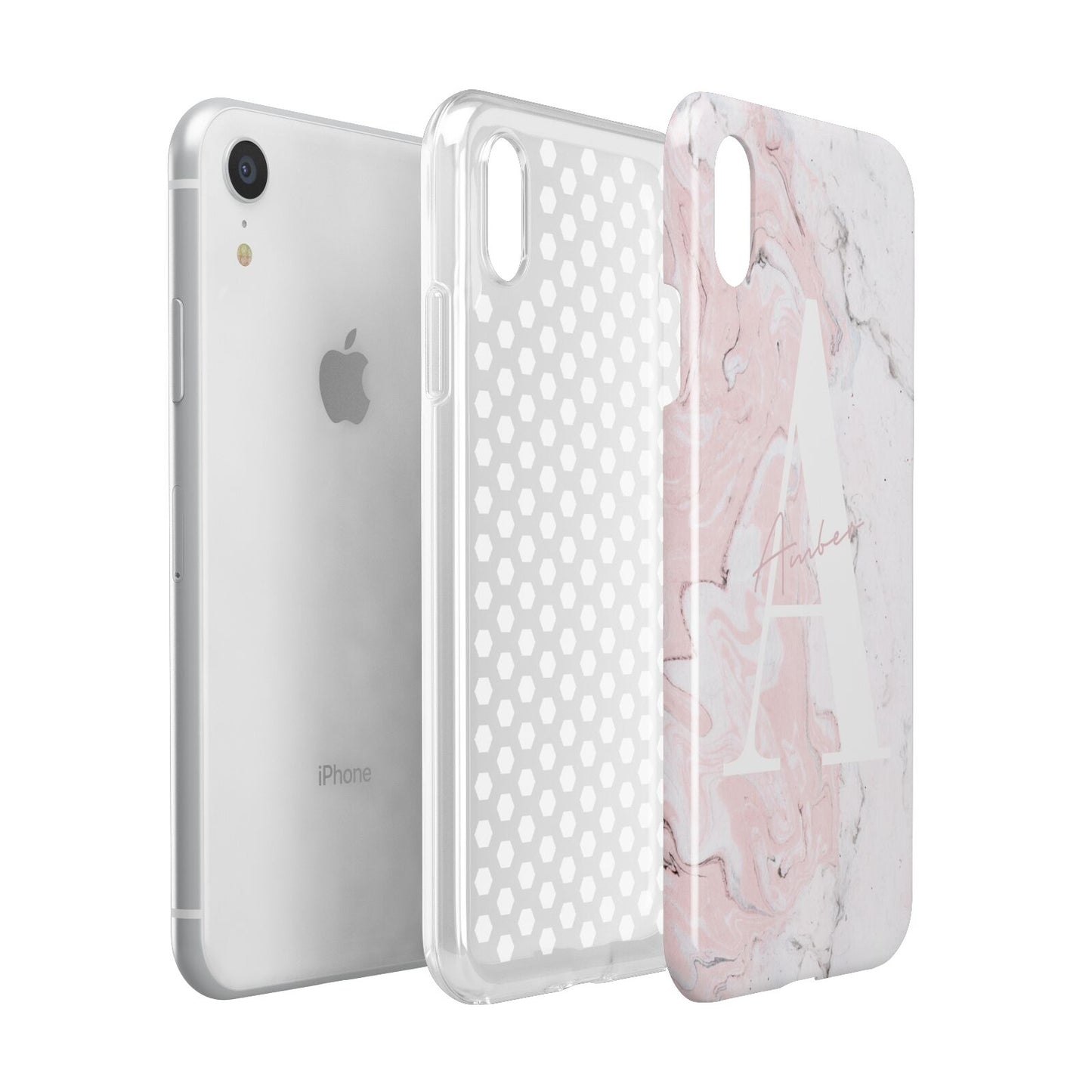 Monogrammed Pink White Ink Marble Apple iPhone XR White 3D Tough Case Expanded view