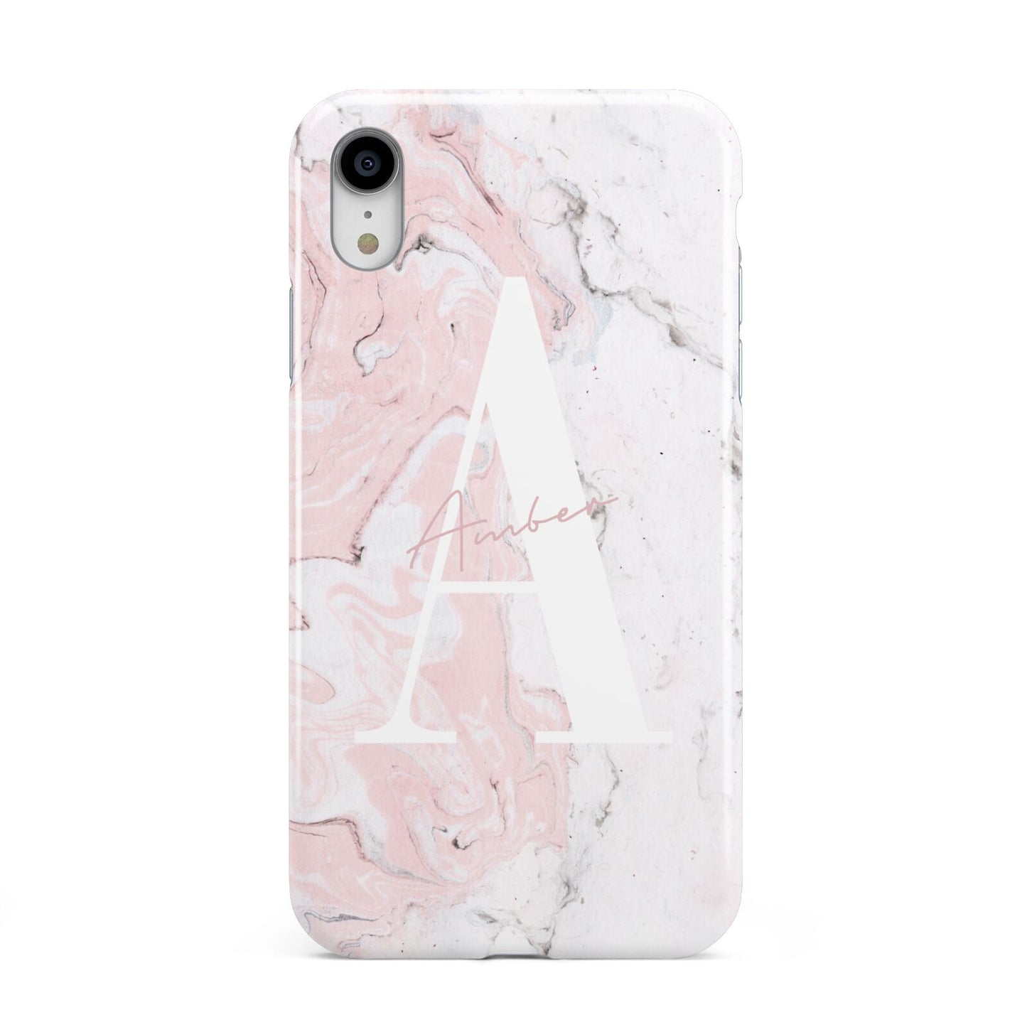 Monogrammed Pink White Ink Marble Apple iPhone XR White 3D Tough Case