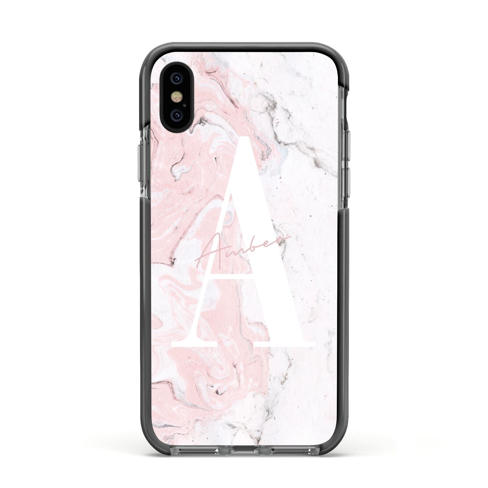 Monogrammed Pink White Ink Marble Apple iPhone Xs Impact Case Black Edge on Black Phone