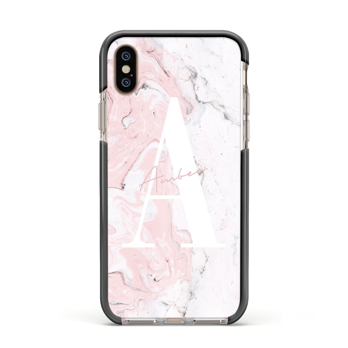 Monogrammed Pink White Ink Marble Apple iPhone Xs Impact Case Black Edge on Gold Phone