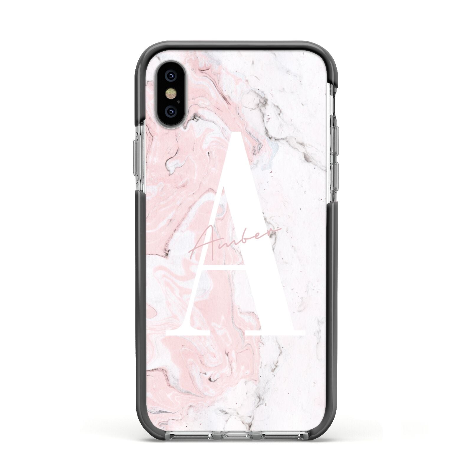 Monogrammed Pink White Ink Marble Apple iPhone Xs Impact Case Black Edge on Silver Phone