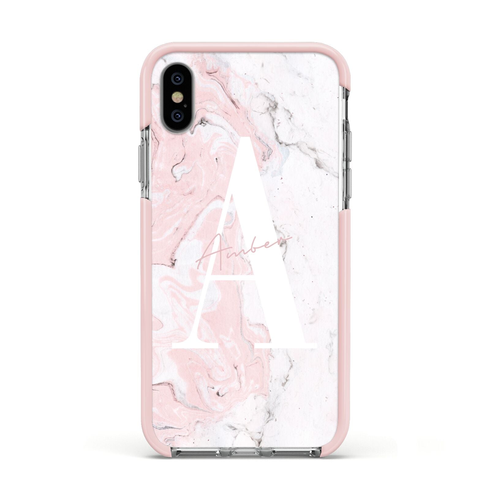 Monogrammed Pink White Ink Marble Apple iPhone Xs Impact Case Pink Edge on Silver Phone