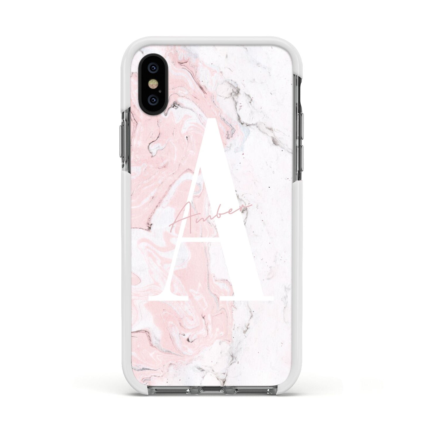 Monogrammed Pink White Ink Marble Apple iPhone Xs Impact Case White Edge on Black Phone