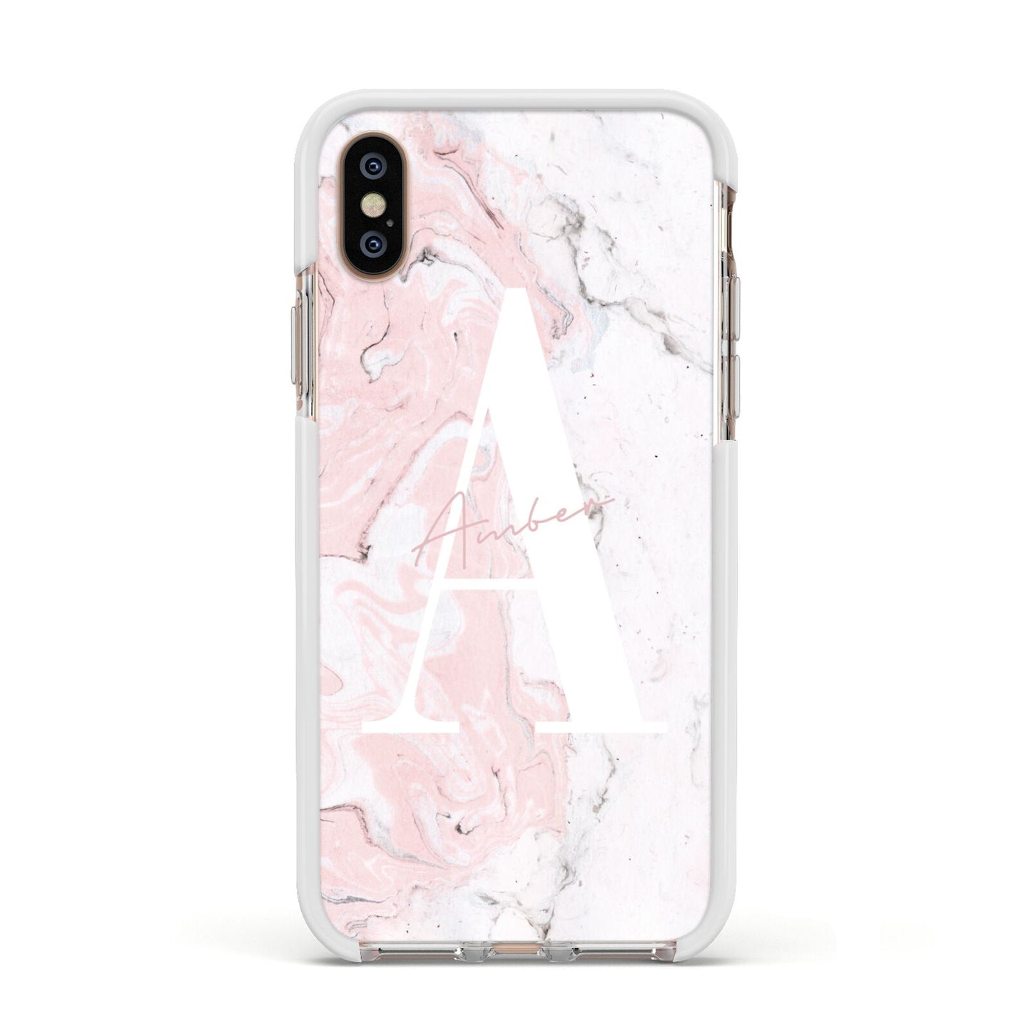 Monogrammed Pink White Ink Marble Apple iPhone Xs Impact Case White Edge on Gold Phone
