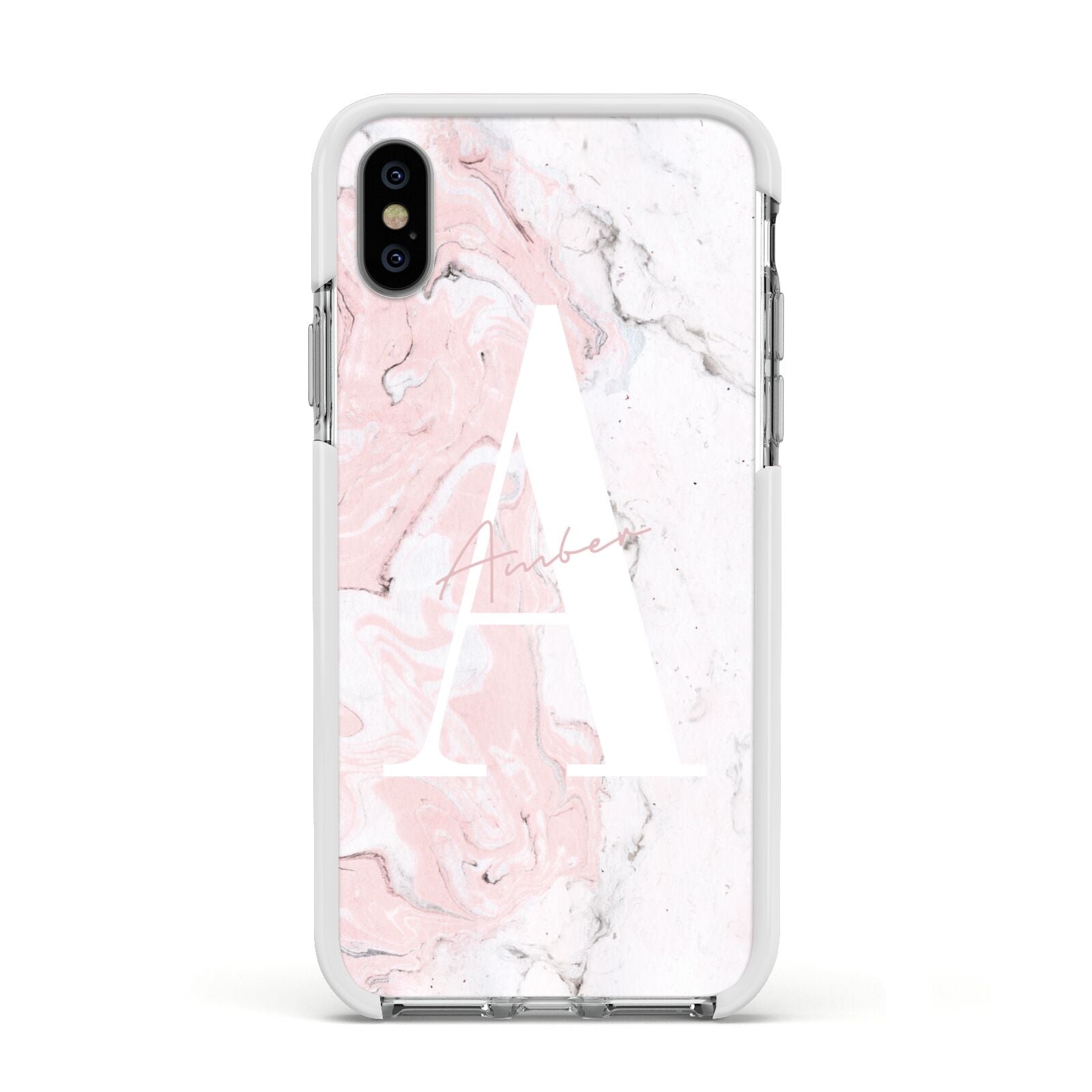 Monogrammed Pink White Ink Marble Apple iPhone Xs Impact Case White Edge on Silver Phone