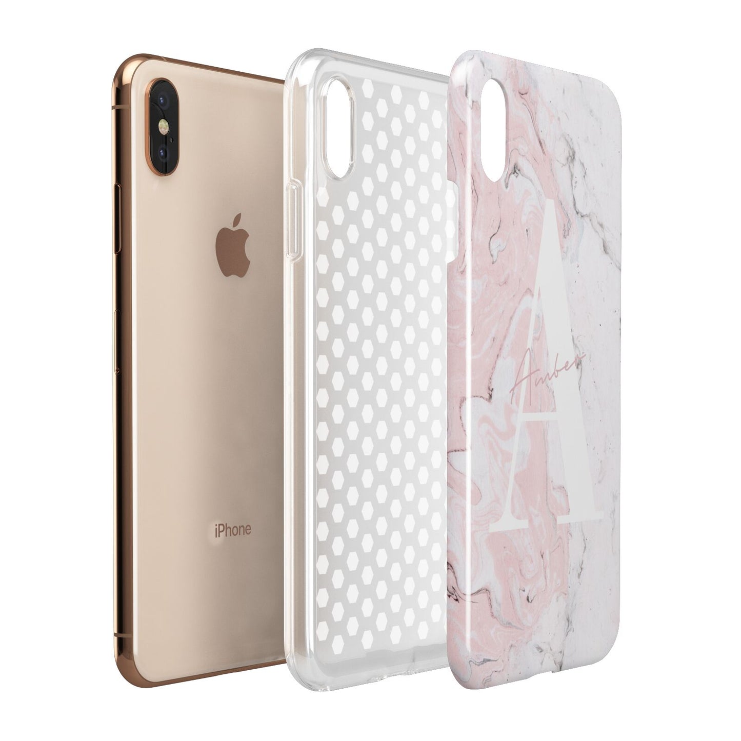 Monogrammed Pink White Ink Marble Apple iPhone Xs Max 3D Tough Case Expanded View