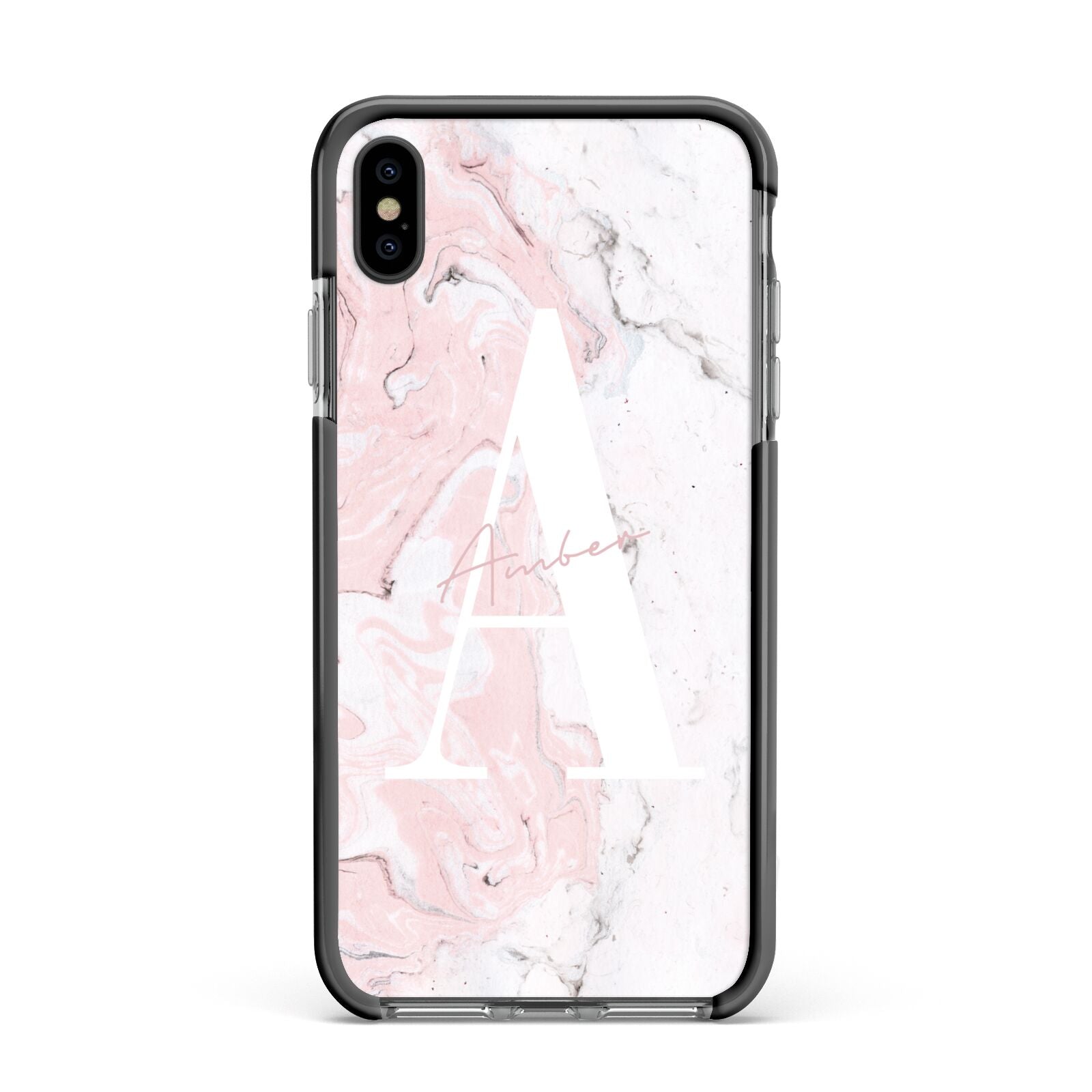 Monogrammed Pink White Ink Marble Apple iPhone Xs Max Impact Case Black Edge on Black Phone