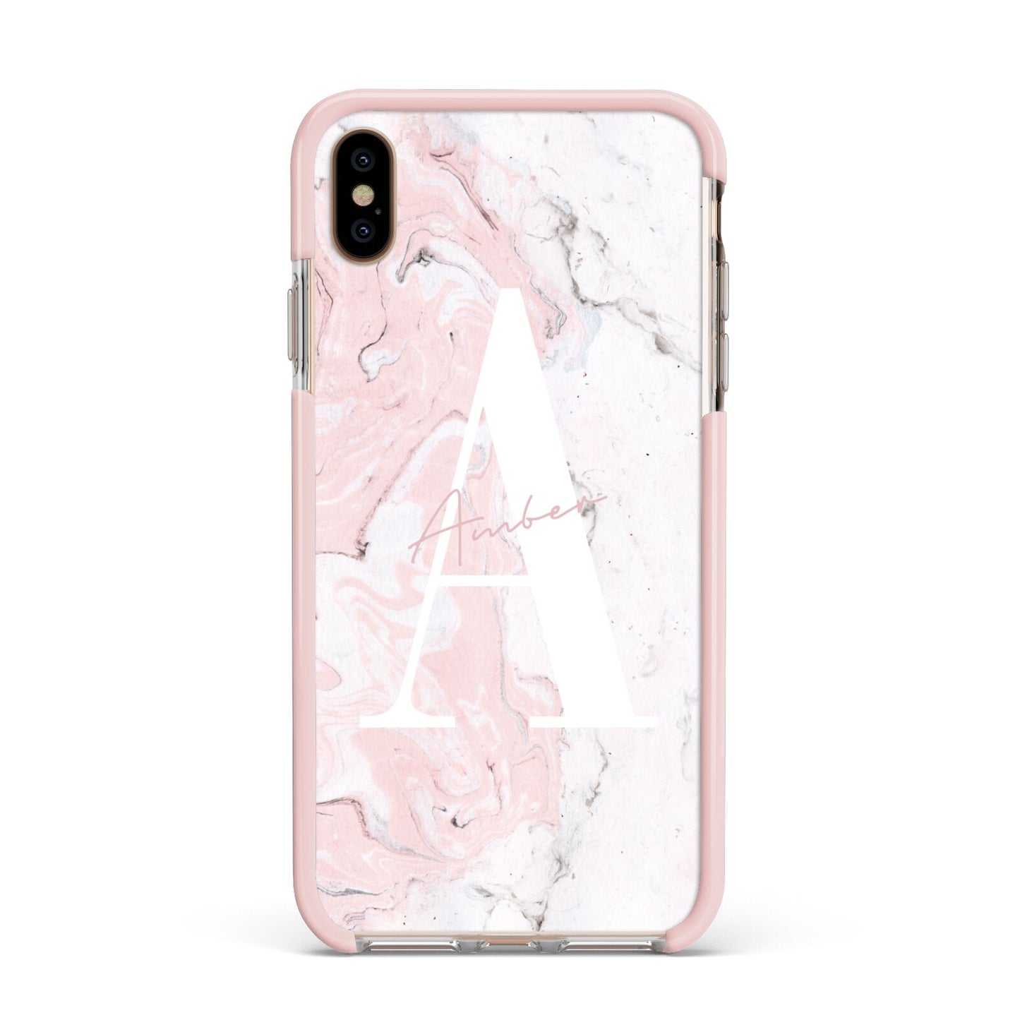 Monogrammed Pink White Ink Marble Apple iPhone Xs Max Impact Case Pink Edge on Gold Phone