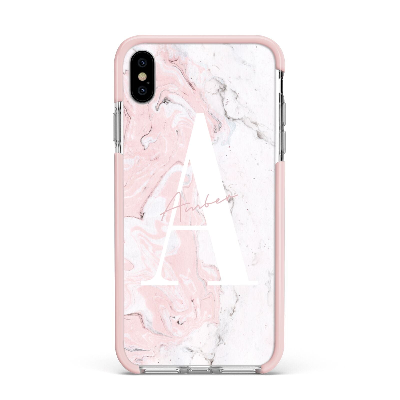 Monogrammed Pink White Ink Marble Apple iPhone Xs Max Impact Case Pink Edge on Silver Phone