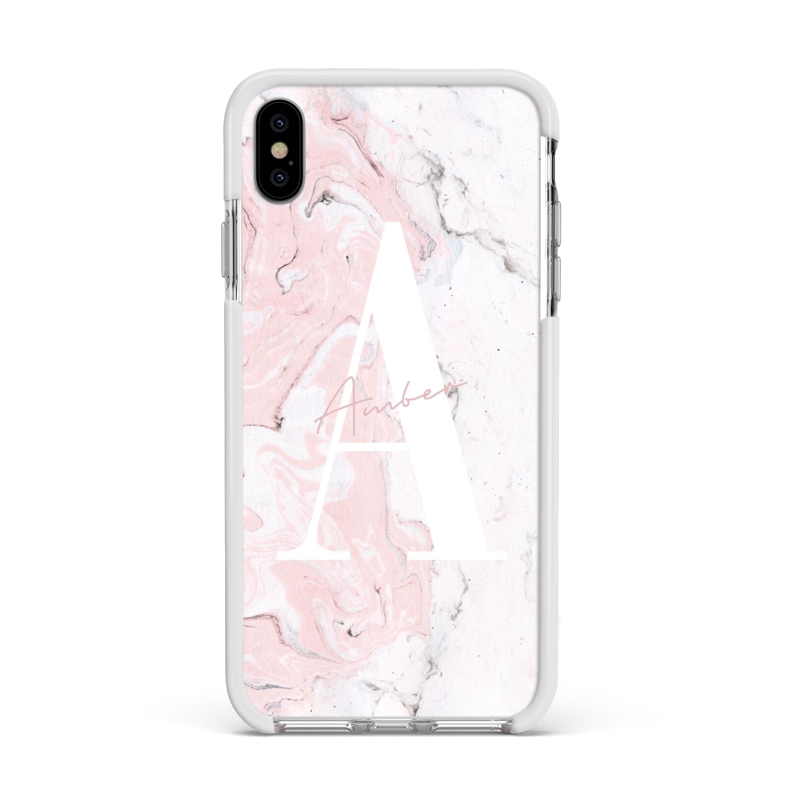 Monogrammed Pink White Ink Marble Apple iPhone Xs Max Impact Case White Edge on Silver Phone