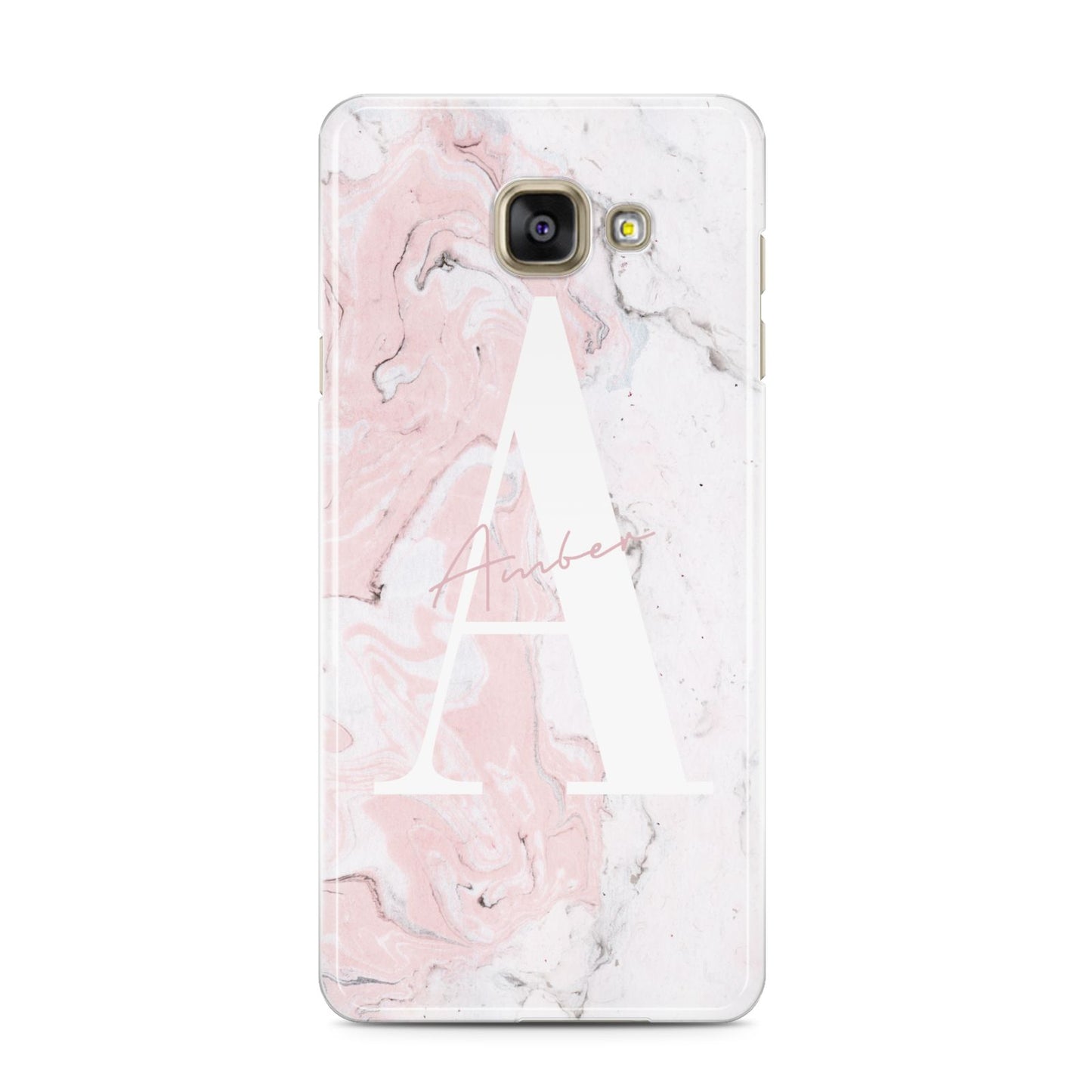 Monogrammed Pink White Ink Marble Samsung Galaxy A3 2016 Case on gold phone