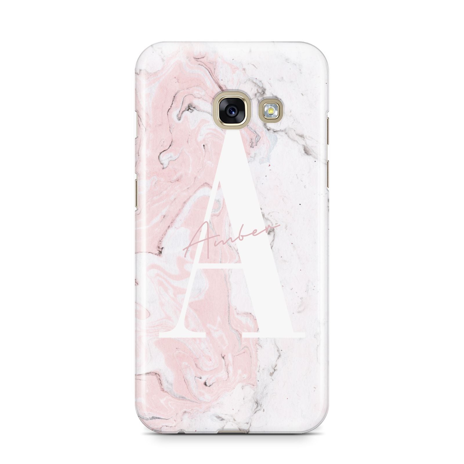 Monogrammed Pink White Ink Marble Samsung Galaxy A3 2017 Case on gold phone