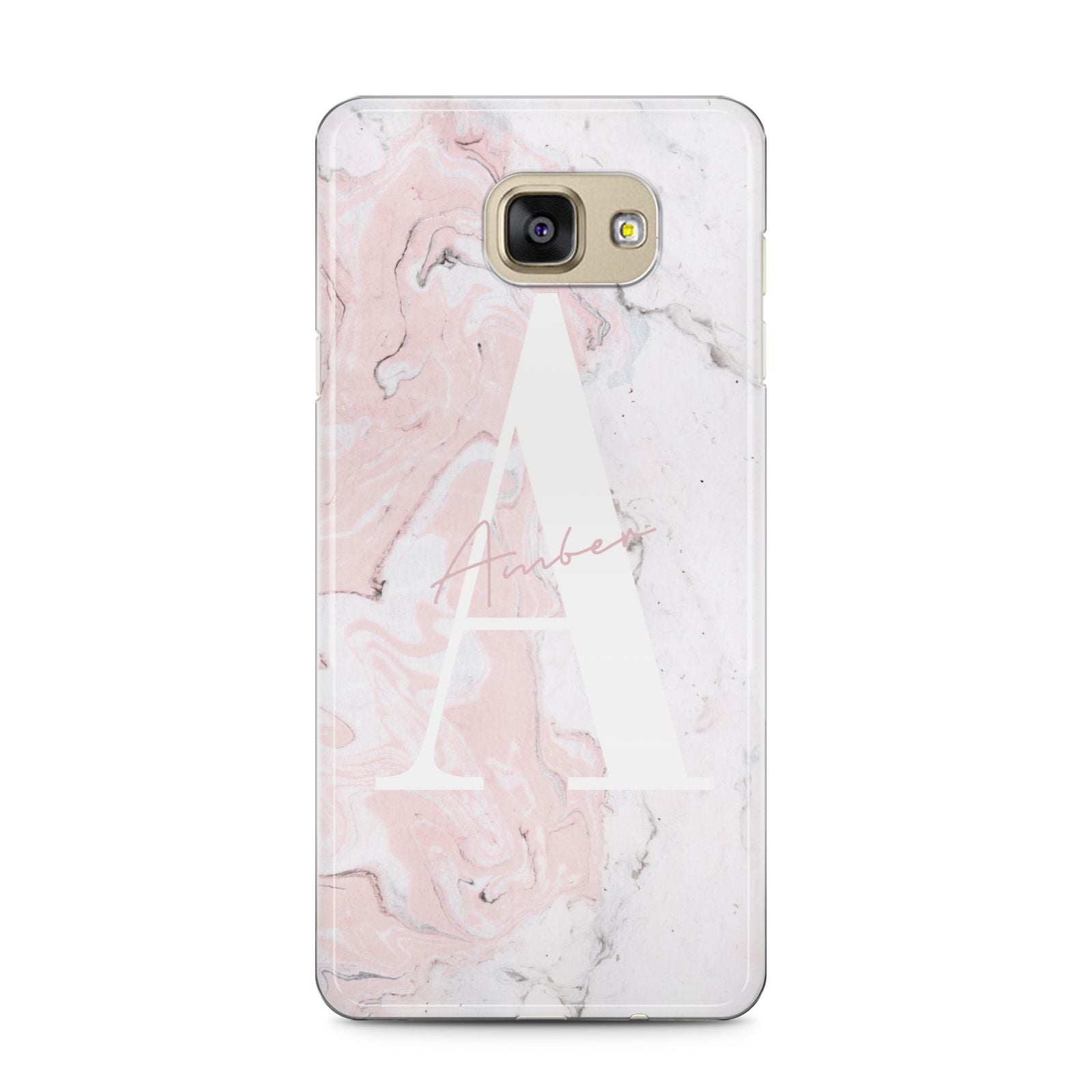 Monogrammed Pink White Ink Marble Samsung Galaxy A5 2016 Case on gold phone